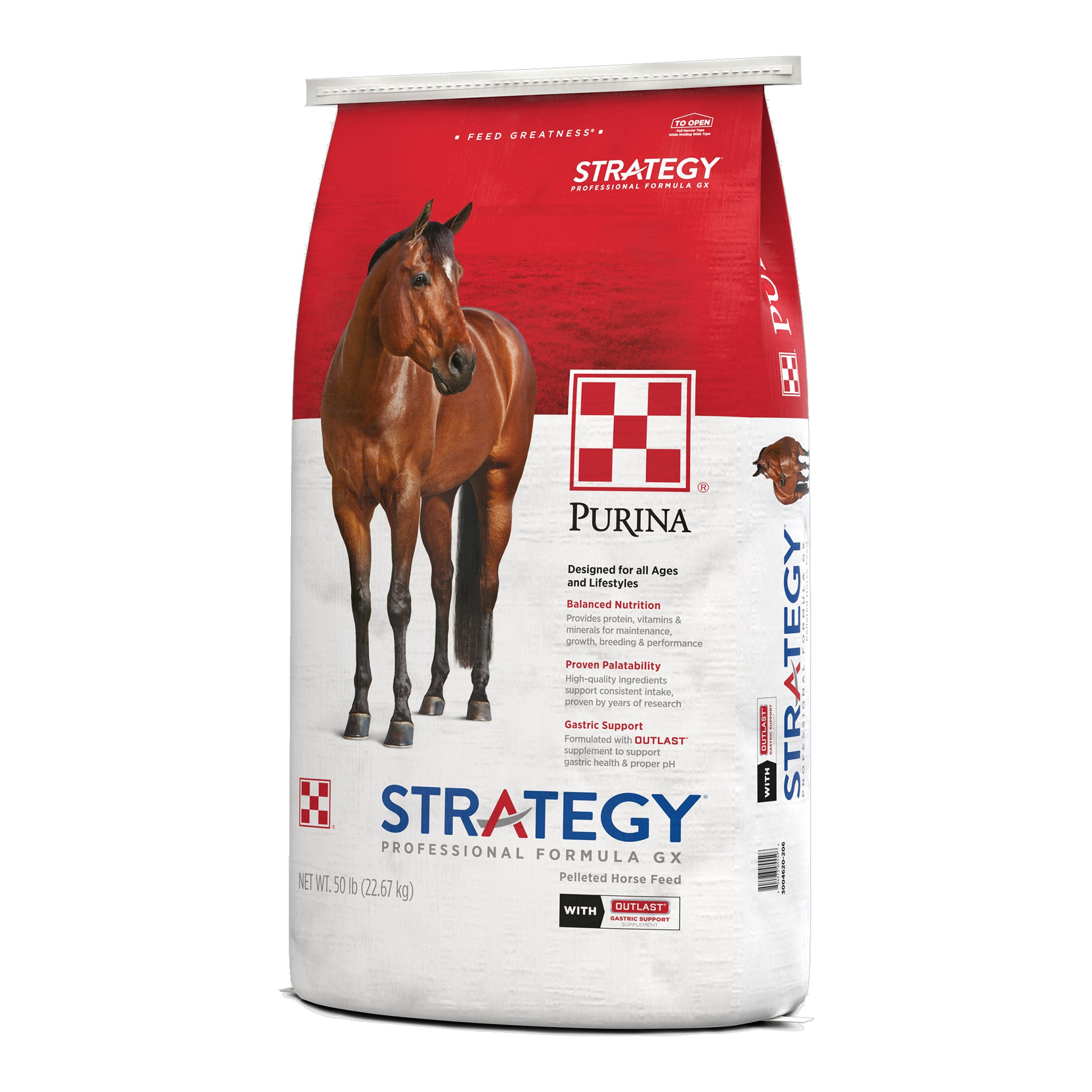 Purina Strategy Professional Formula GX horse feed 50 lb bag, right three-quarter view