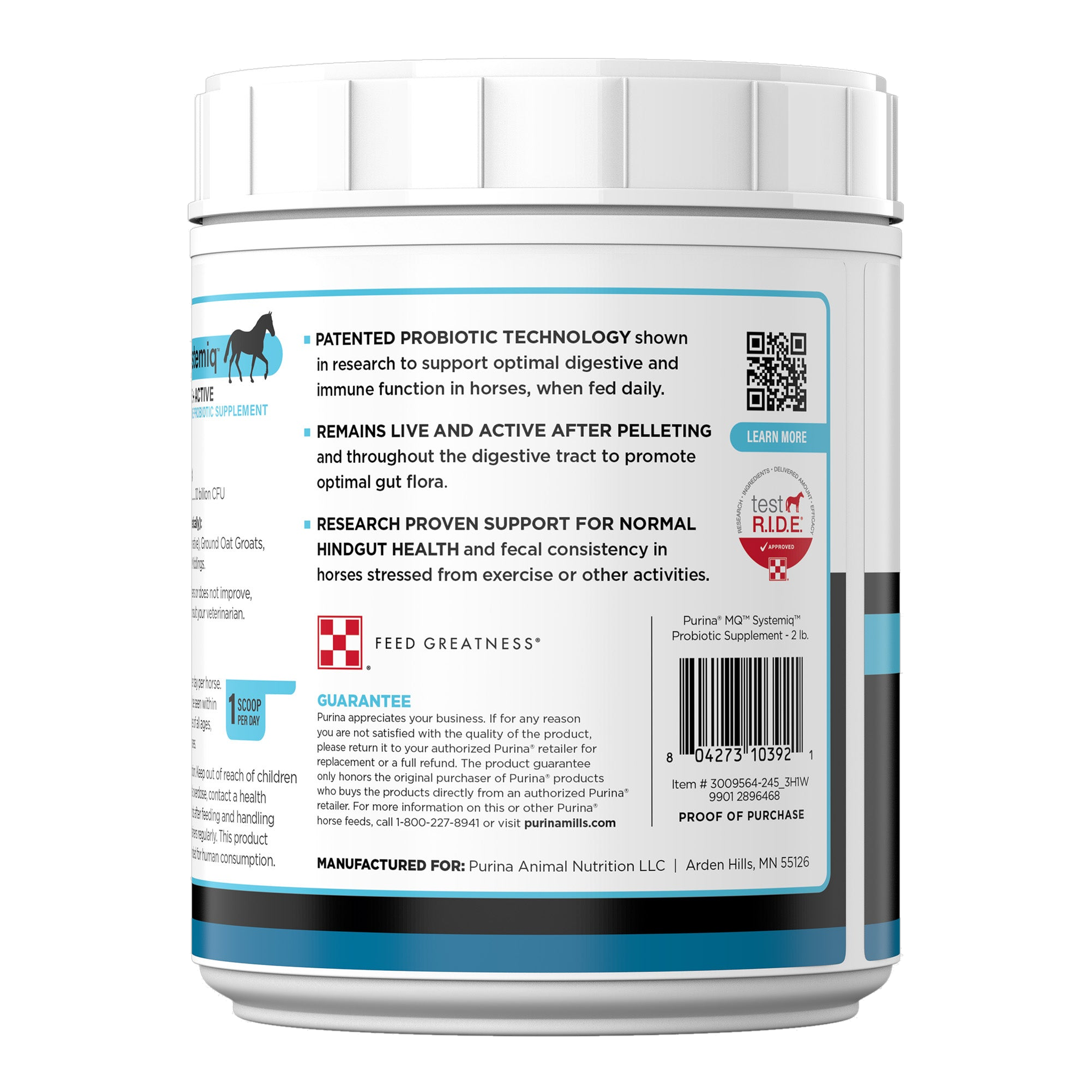 Back label of the Purina Systemiq probiotic tub with guarantee and barcode