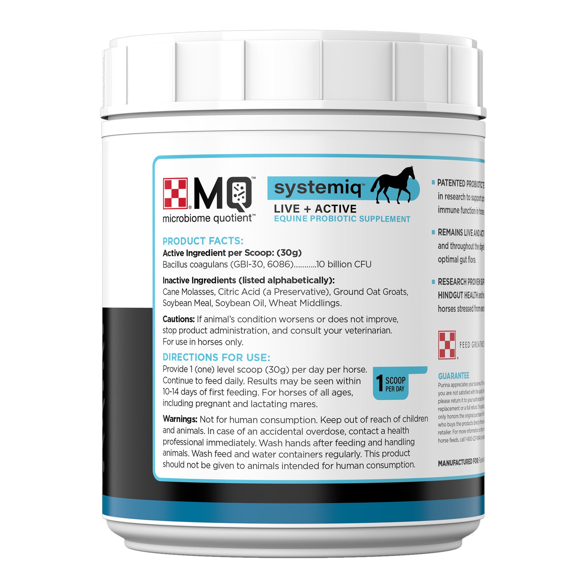 Purina Systemiq tub product facts panel with active ingredient and directions