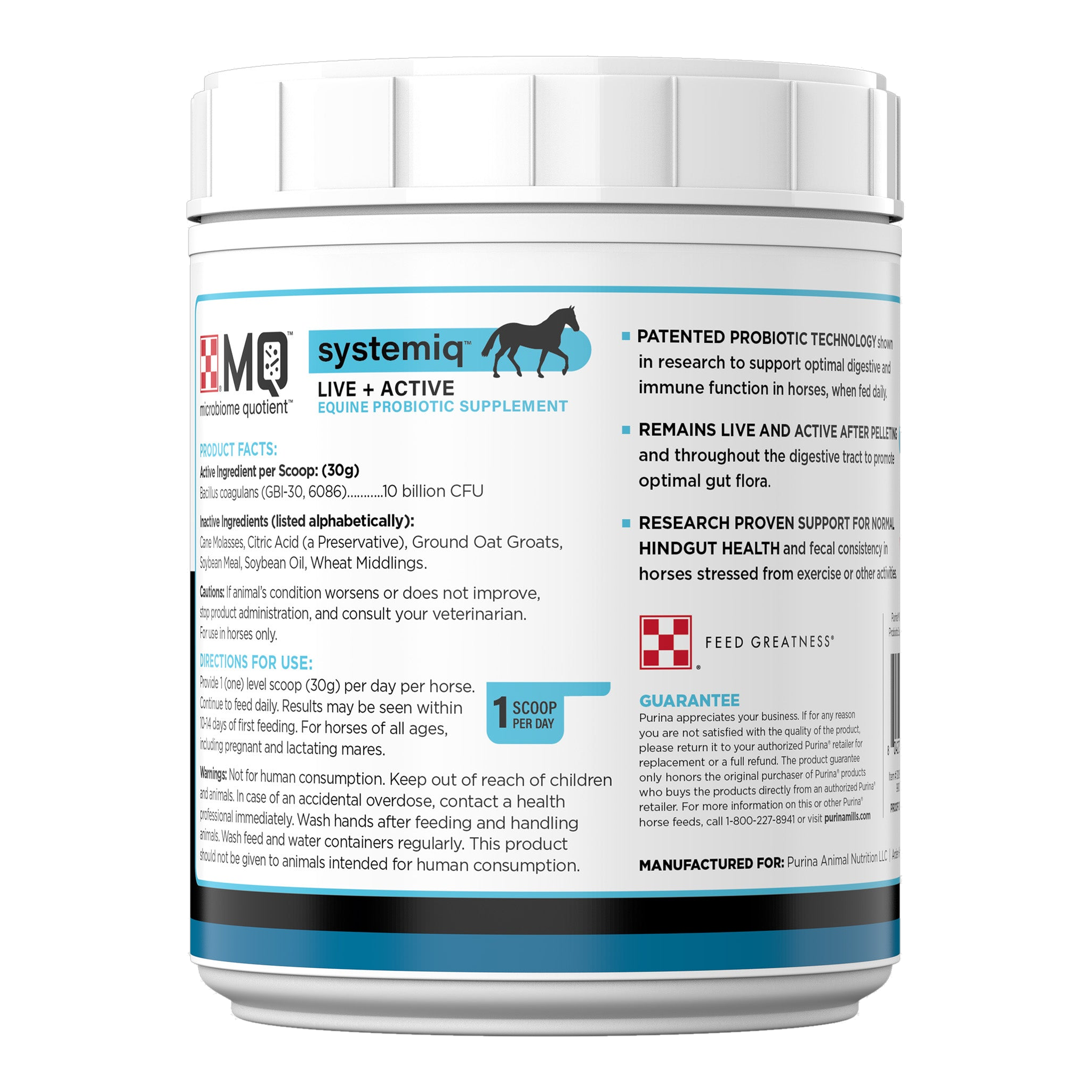 Side panel of the Purina Systemiq probiotic tub listing research-proven benefits