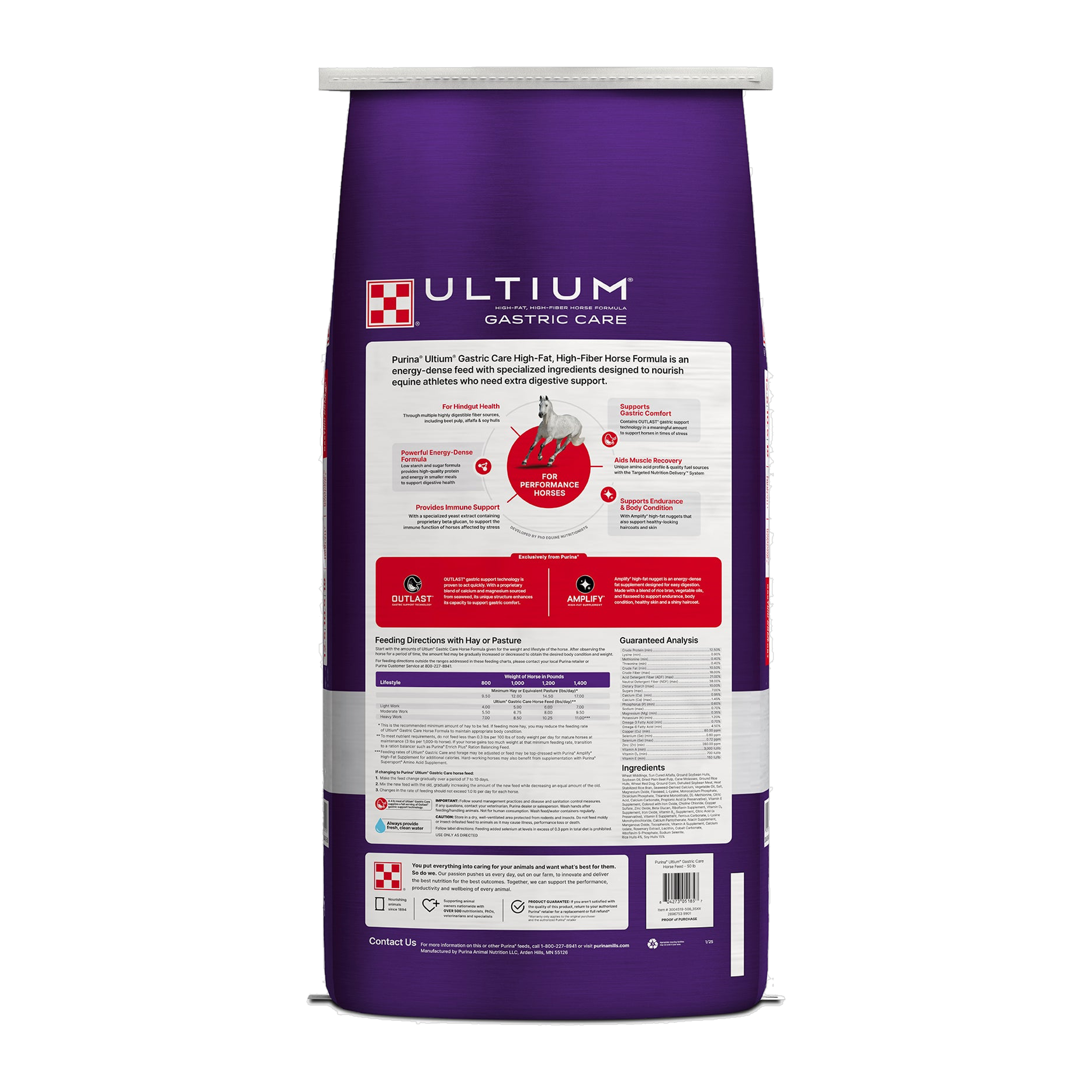 Back of the Purina Ultium Gastric Care bag with feeding directions and guaranteed analysis