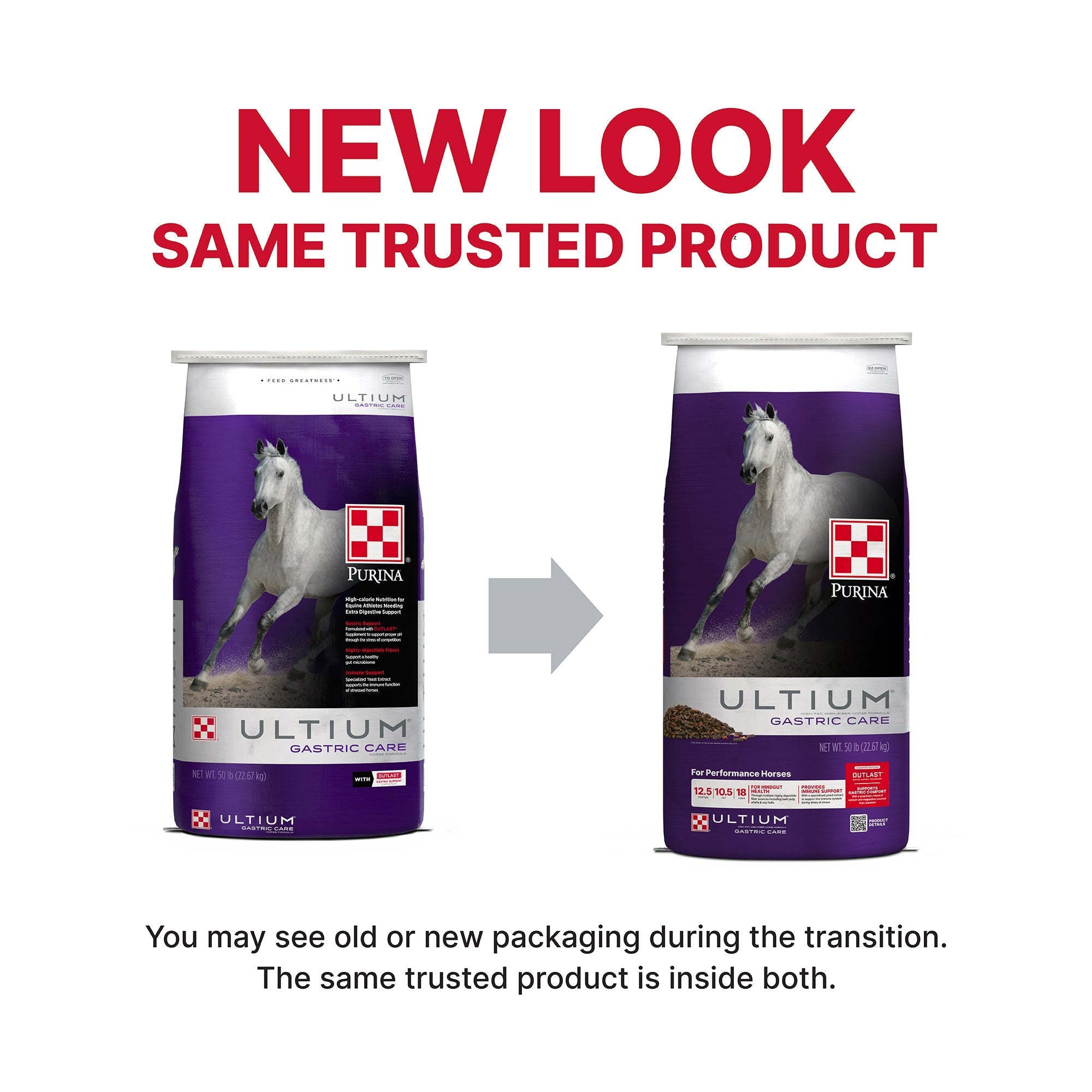 Purina Ultium Gastric Care packaging update, old and new bag show the same trusted product