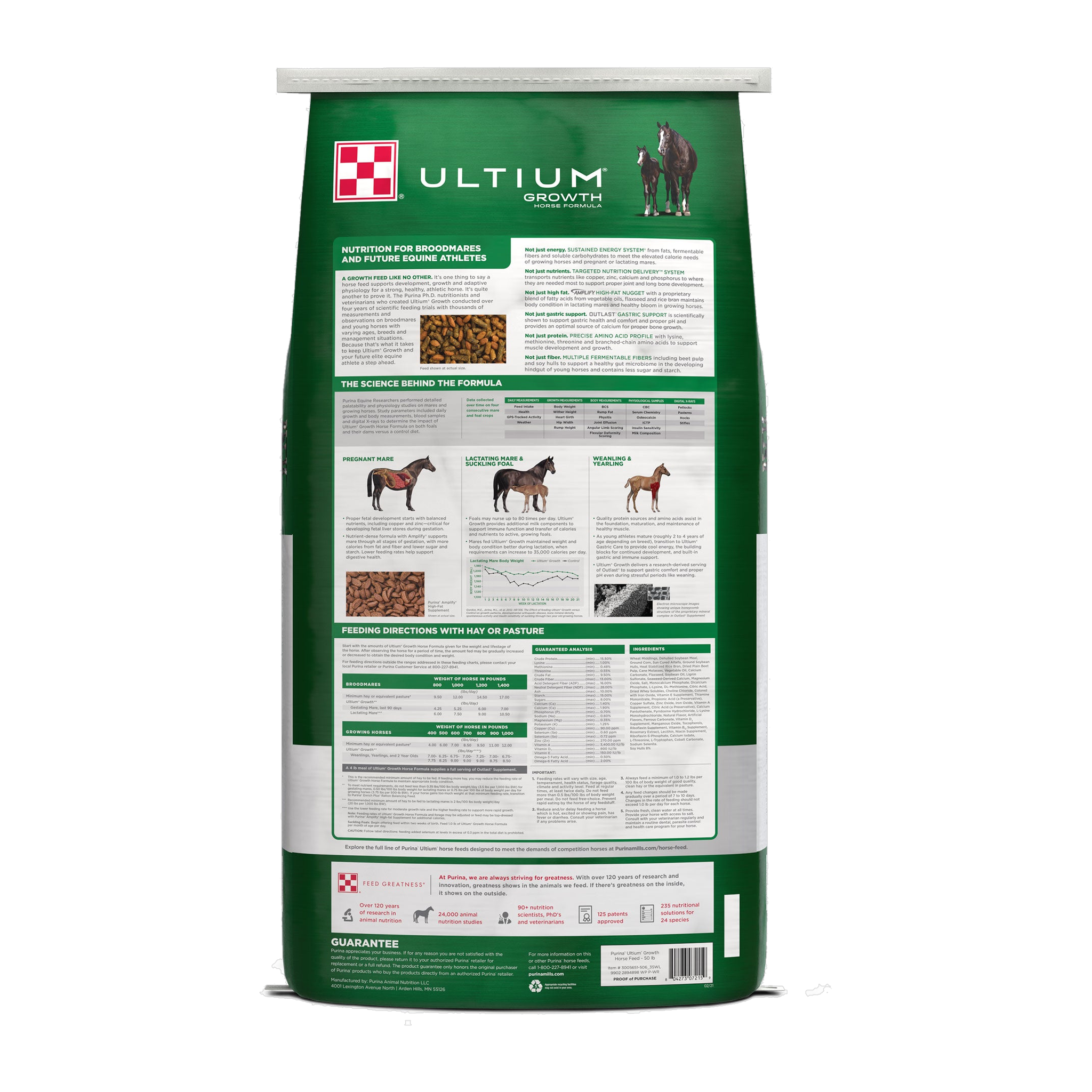Back of the Purina Ultium Growth bag with feeding directions and guaranteed analysis