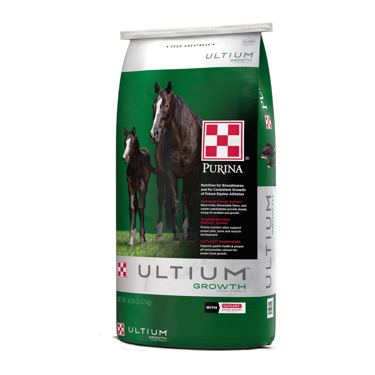 Purina Ultium Growth Horse Formula bag, angled right view showing side panel