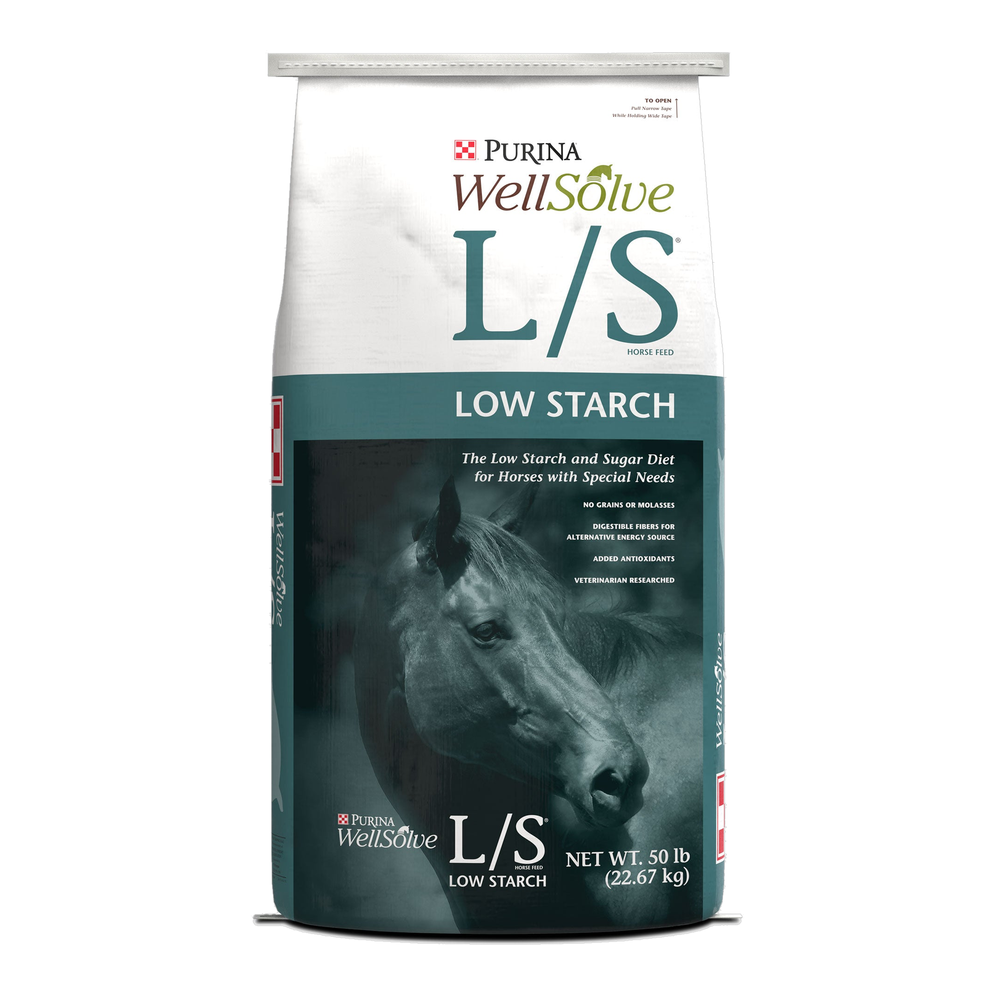 Purina WellSolve L S Low Starch horse feed, front of the 50 lb bag #50 LB