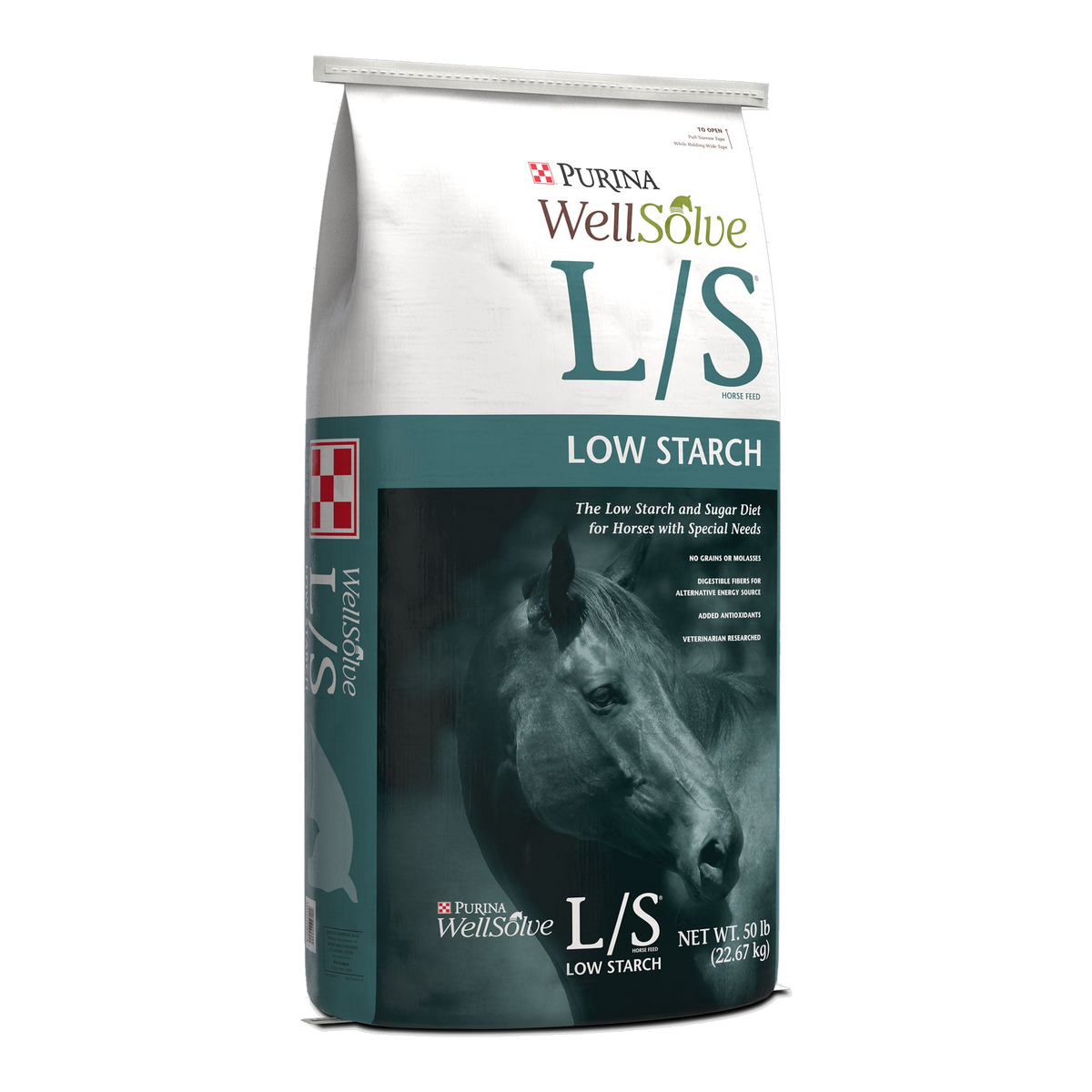 Purina WellSolve L S Low Starch horse feed 50 lb bag, left three-quarter view