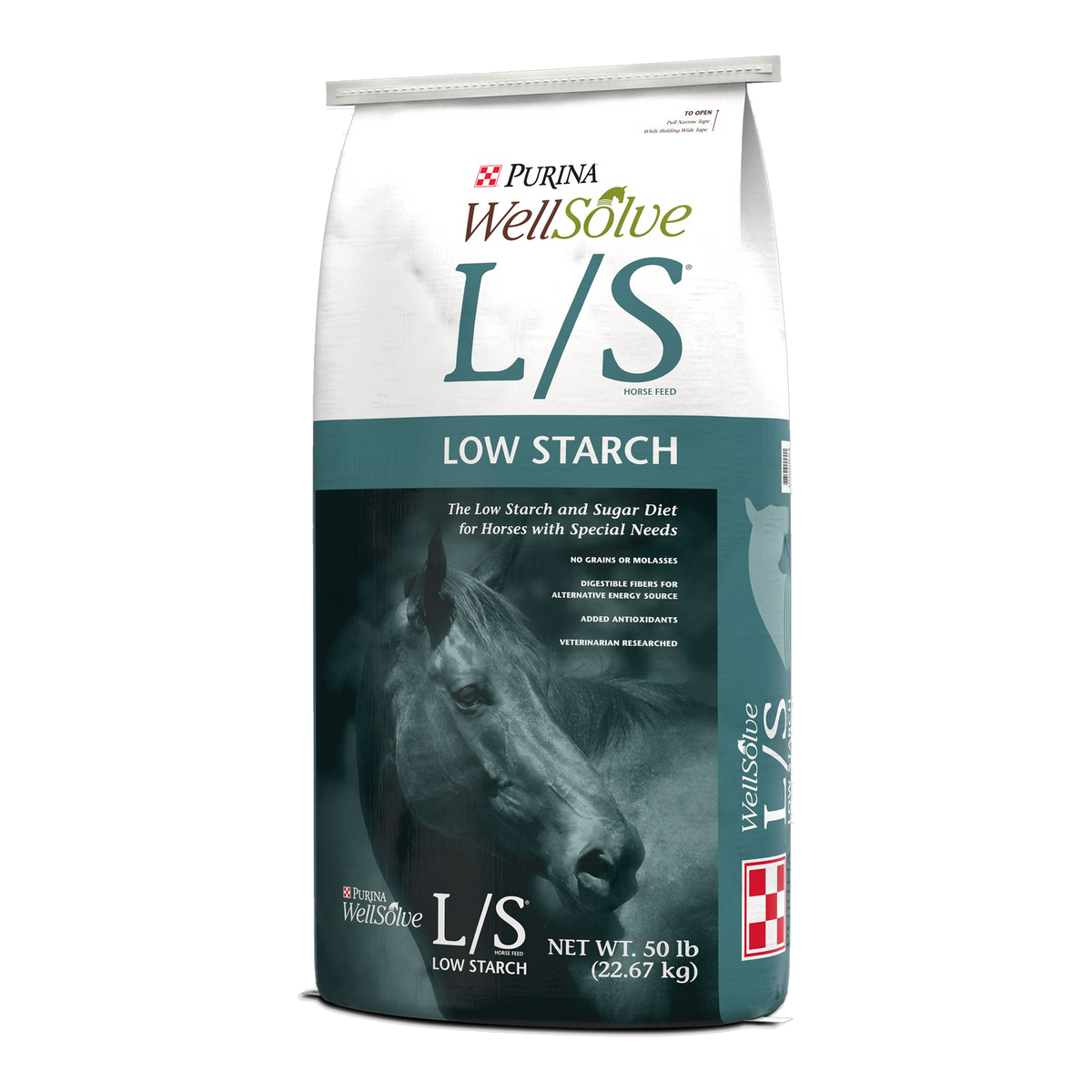 Purina WellSolve L S Low Starch horse feed 50 lb bag, right three-quarter view
