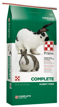 Purina Complete Rabbit Feed shown in a 50 lb bag