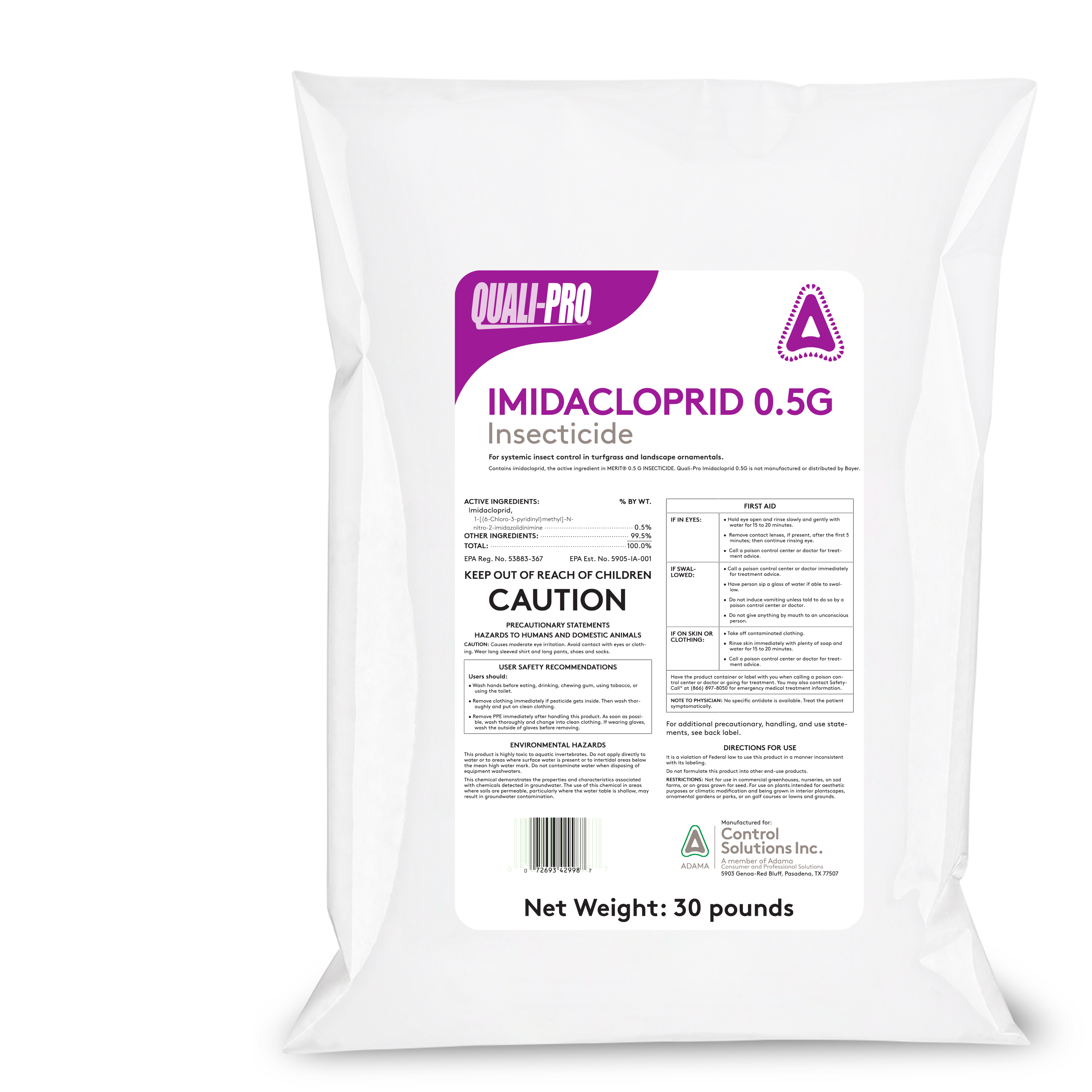 Quali-Pro Imidacloprid 0.5G granular systemic insecticide 30 lb white bag with purple Quali-Pro branding and Control Solutions logo, IMIDACLOPRID 0.5G Insecticide for systemic insect control in turfgrass and landscape ornamentals, CAUTION signal word EPA Reg 53883-321 active ingredient 0.5 percent imidacloprid