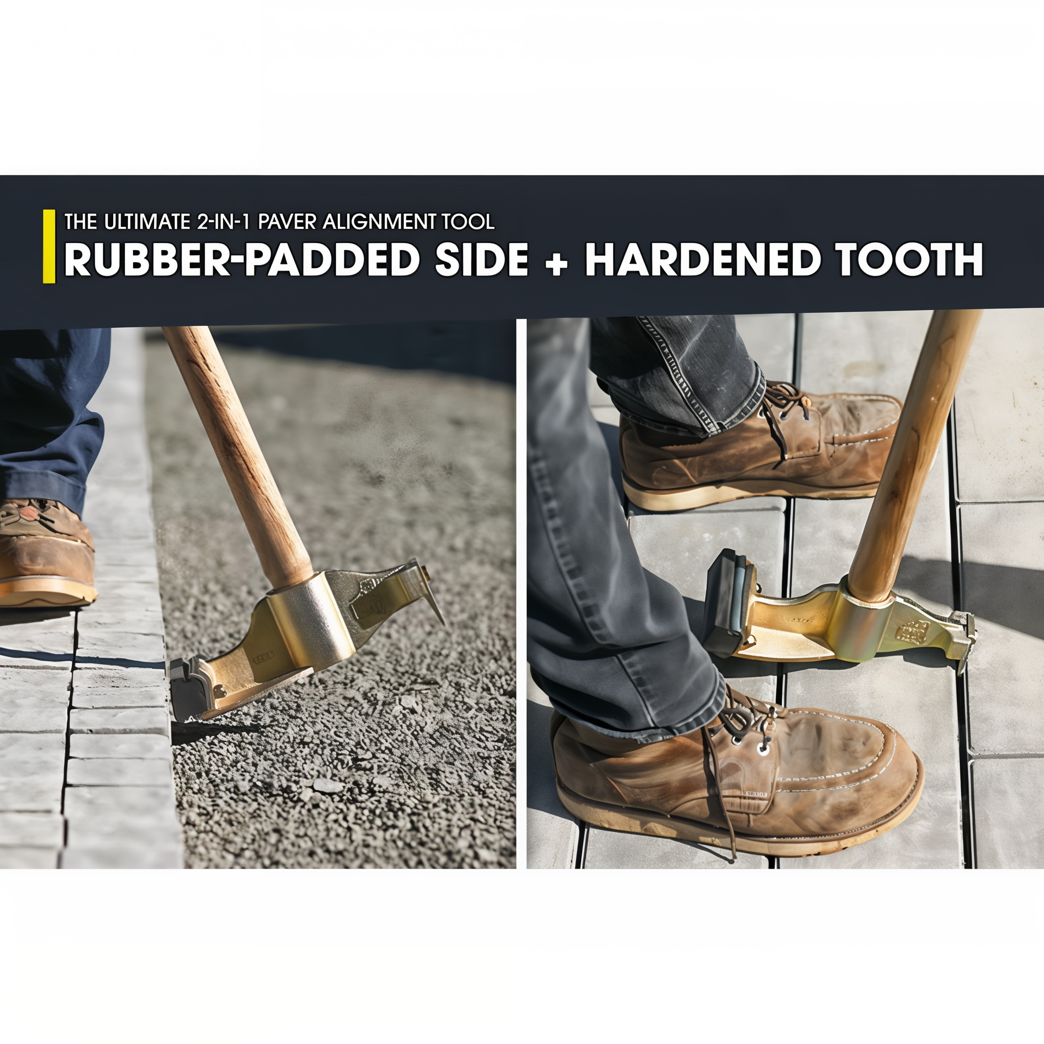 Two functions of the Quick-E-Dual Adjuster: rubber face taps pavers laterally and steel tooth pulls pavers to straighten bond lines