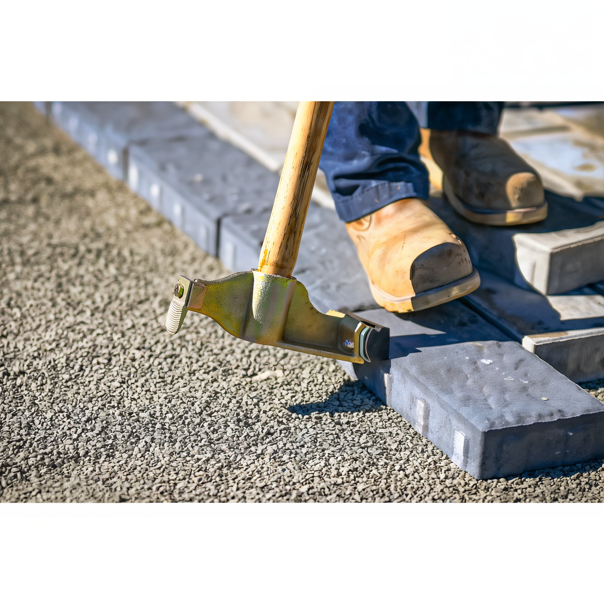 Pave Tool Quick-E-Dual Adjuster NT087, long-handled 2-in-1 paver tap and pull tool shown on a hardscape installation