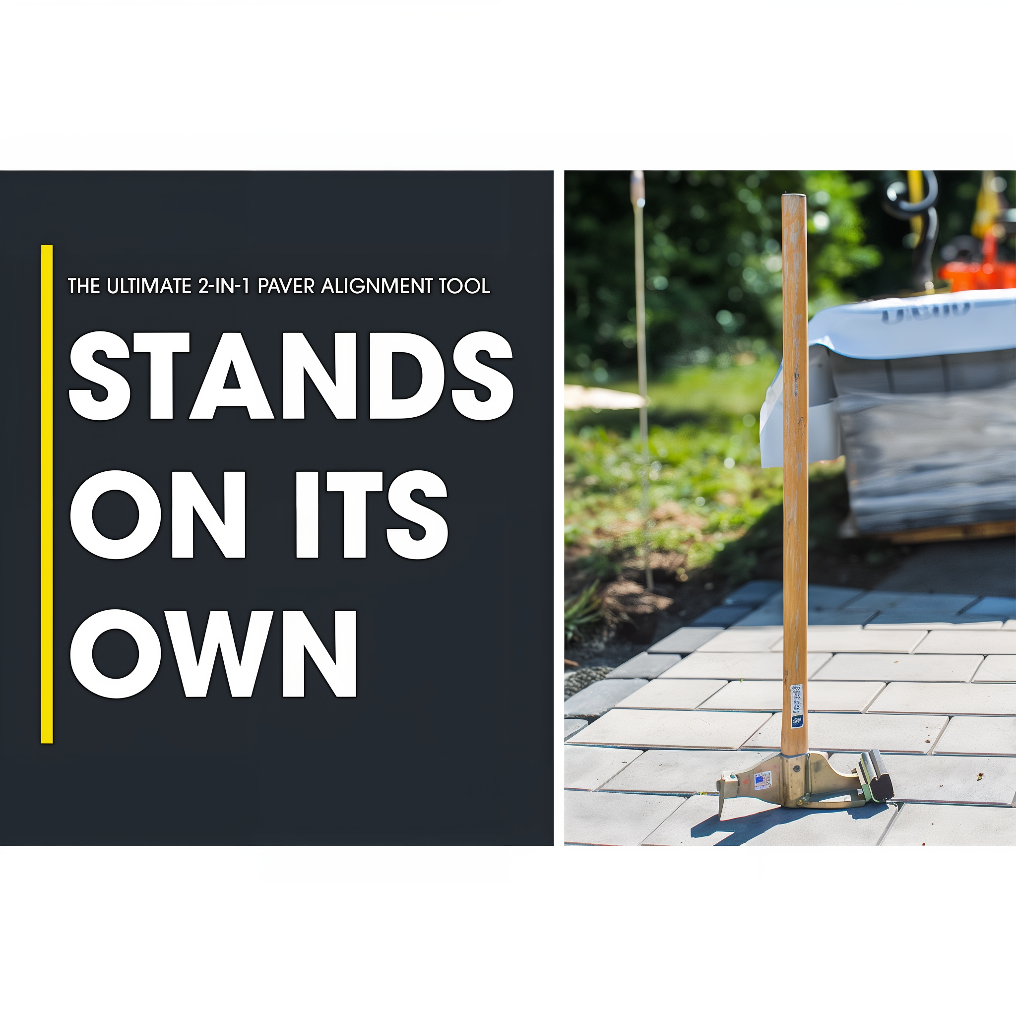 Quick-E-Dual Adjuster standing upright on its own between paver adjustments on a hardscape job site