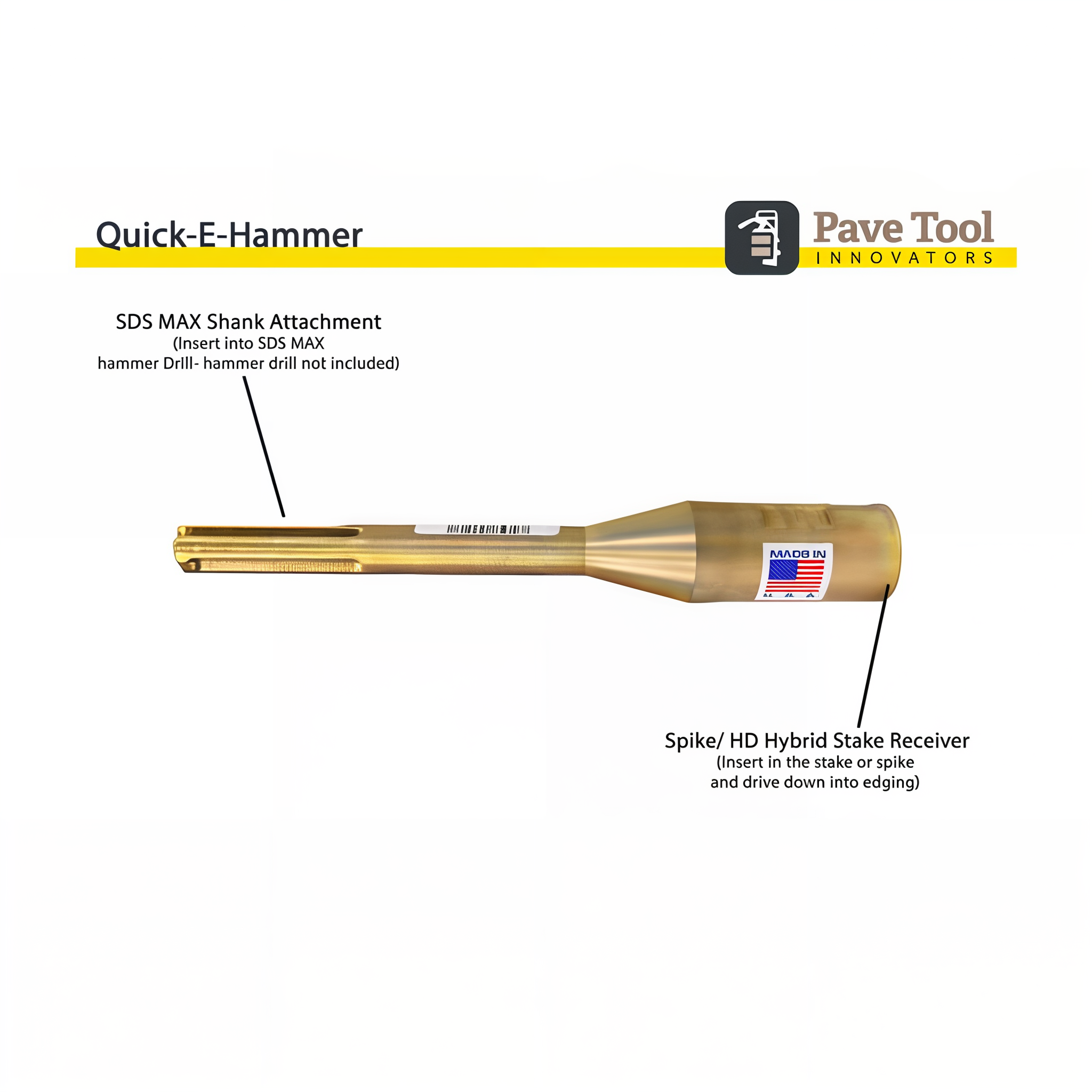 Pave Tool Quick-E-Hammer specification sheet showing drill compatibility and use requirements
