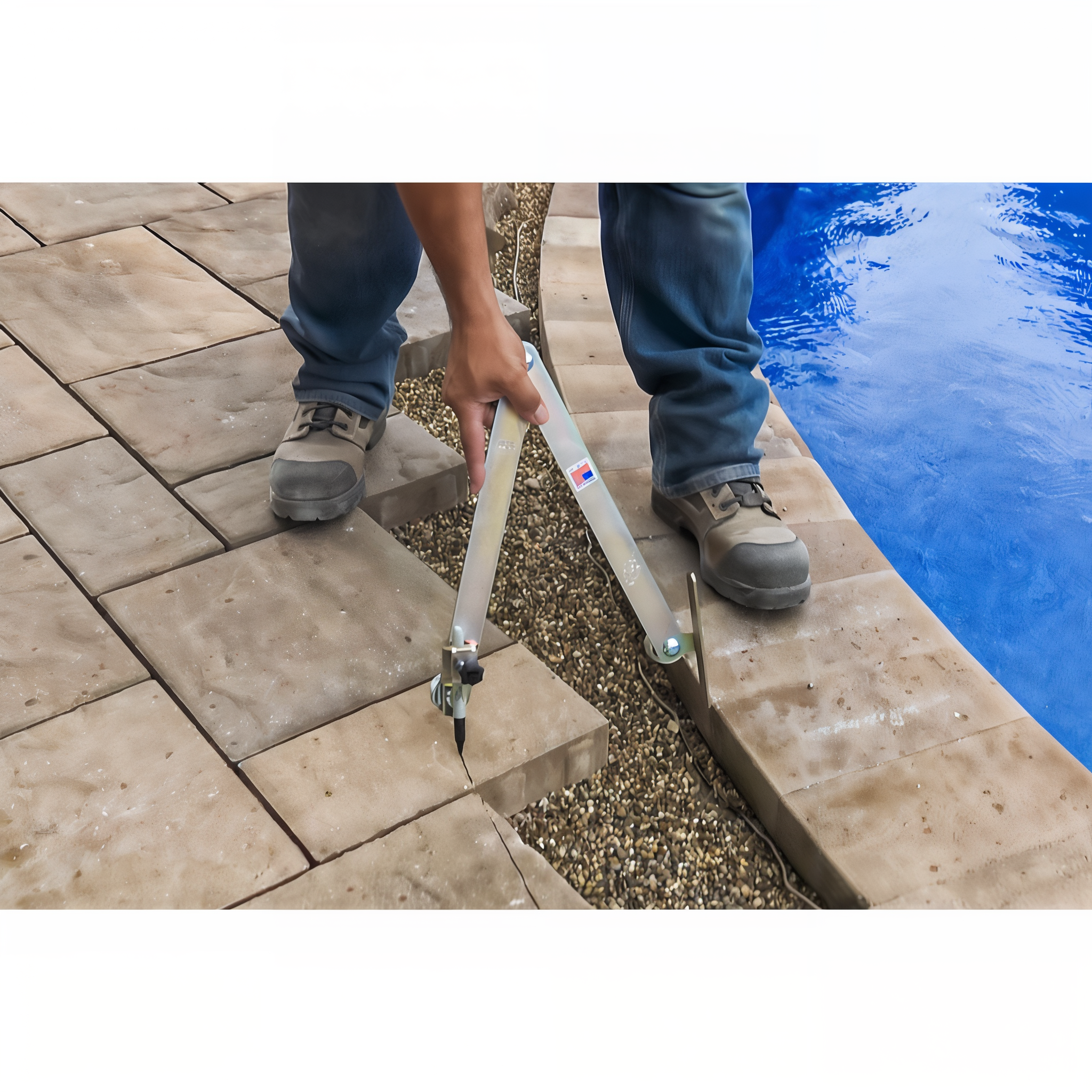 Pave Tool Quick-E-Scribes in use on a pool patio paver installation