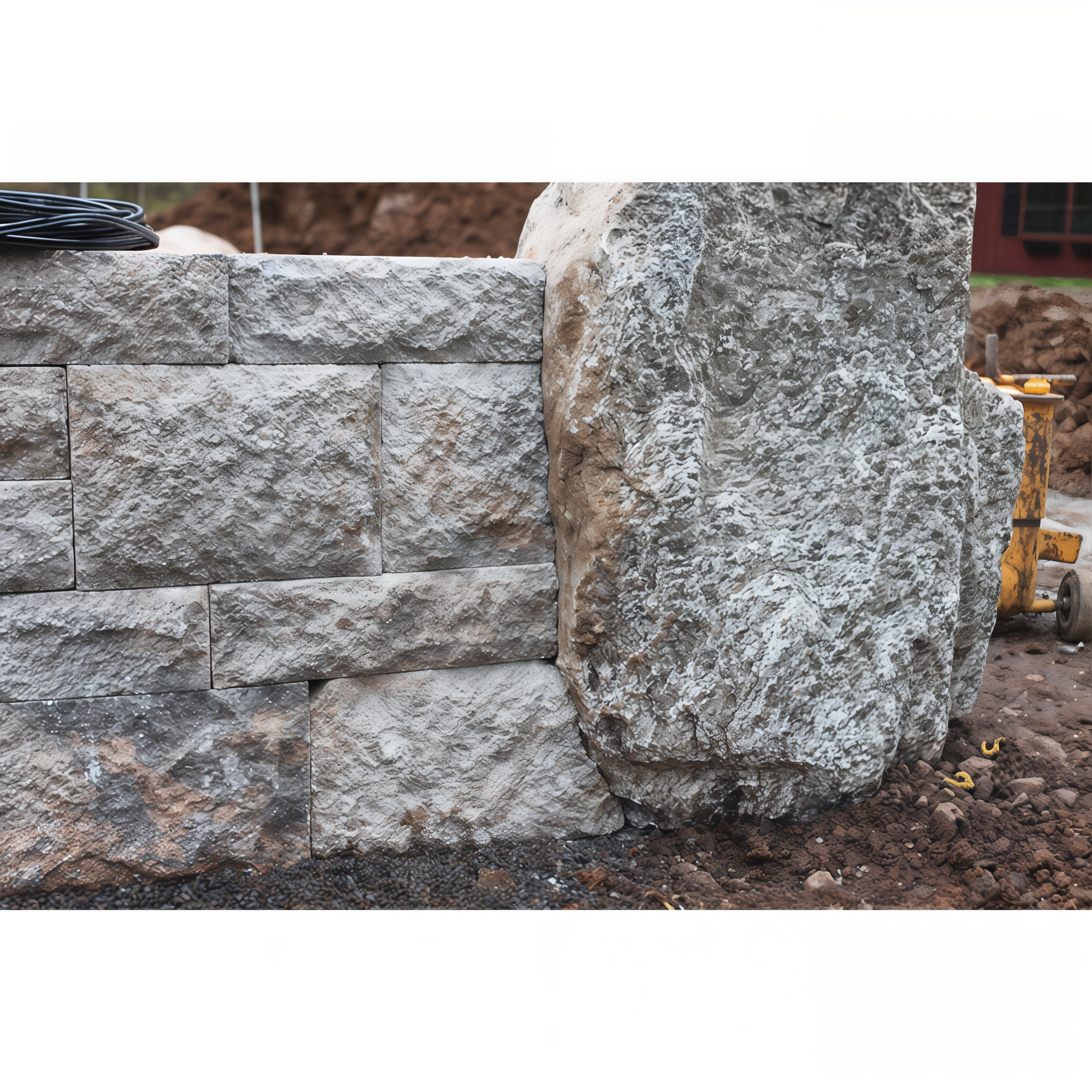 Quick-E-Scribes marking a retaining wall block to fit against a boulder on a hardscape job