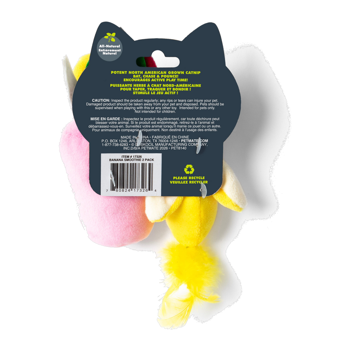Quirky Kitty Banana Smoothie packaging back with product details and catnip information