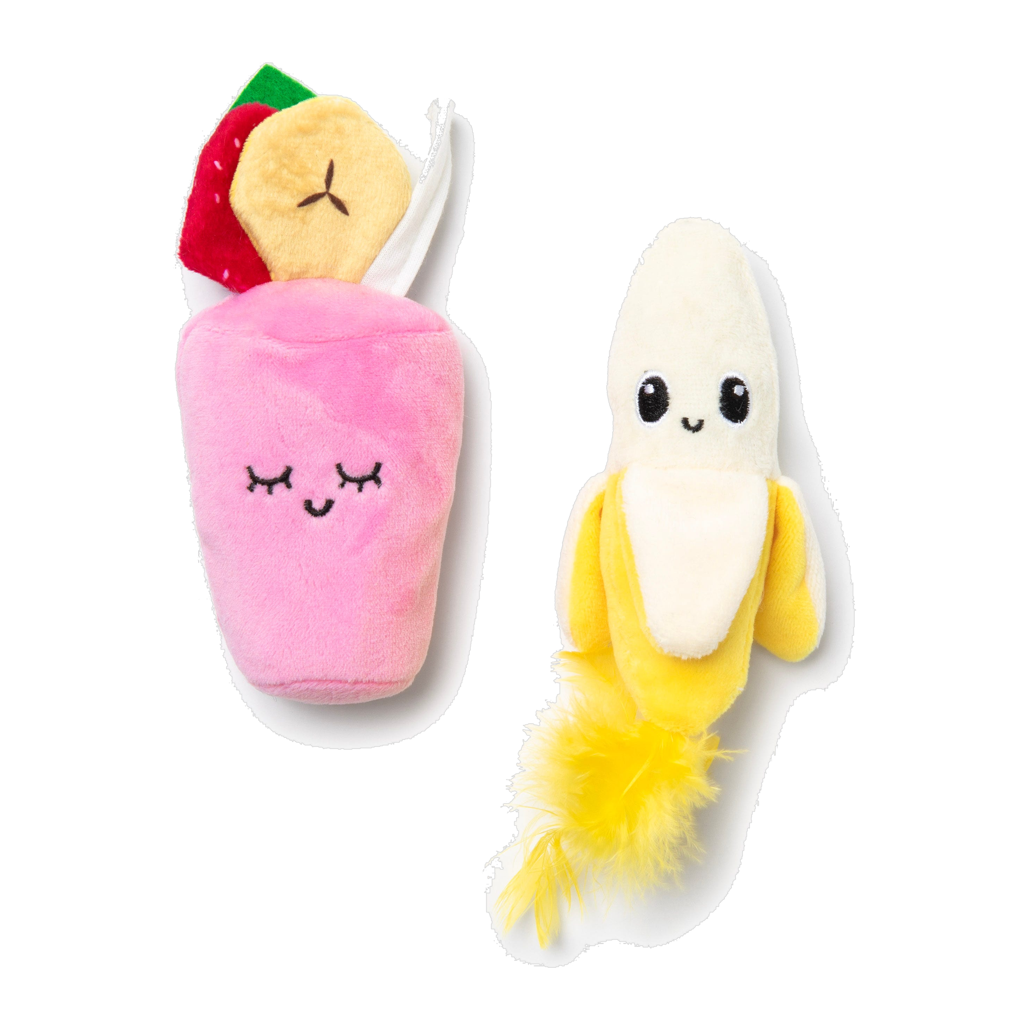 Quirky Kitty Banana Smoothie pink plush smoothie cup and peeled banana with yellow feather tail