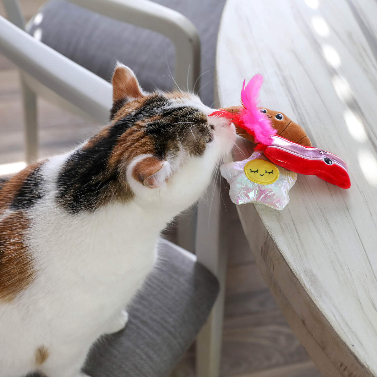 Calico cat sniffing the Brunch Bunch bacon, egg and croissant toys on a whitewashed table