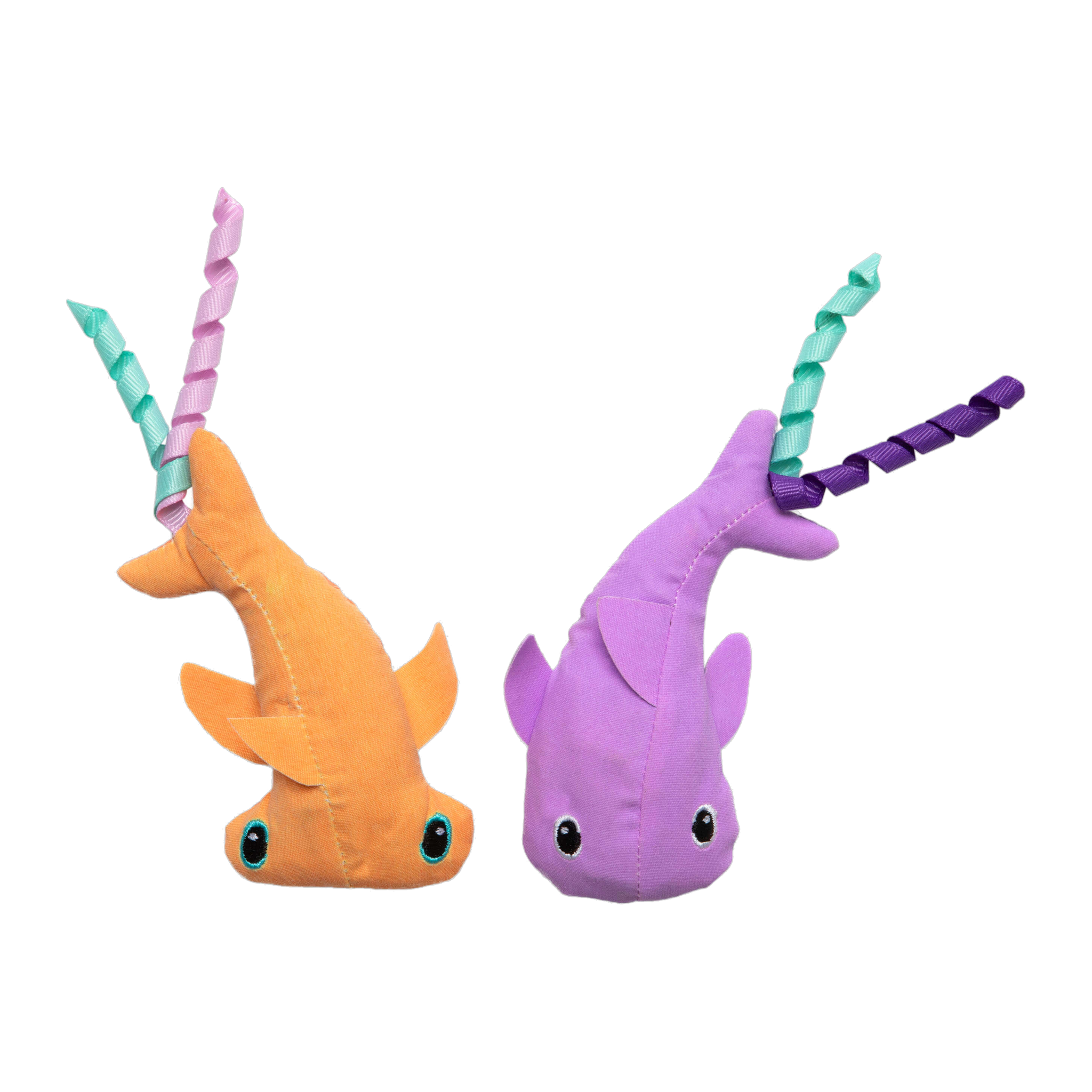 Quirky Kitty Color Changing Shark orange hammerhead and purple shark cat toys with curly ribbon tails
