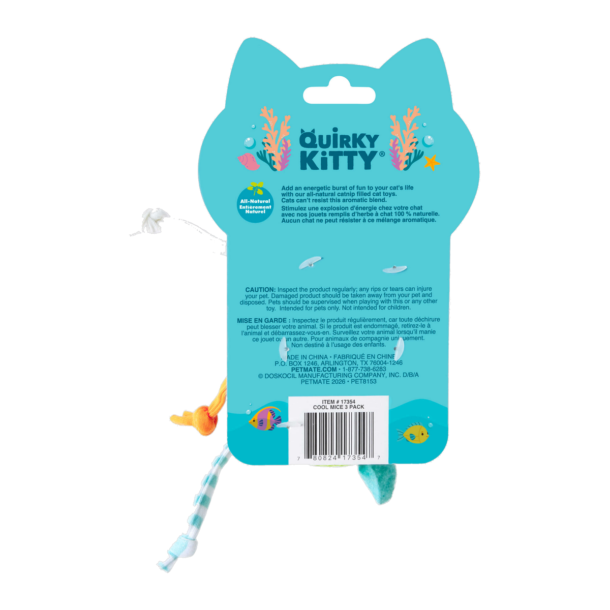 Quirky Kitty Cool Mice packaging back with product details and catnip information