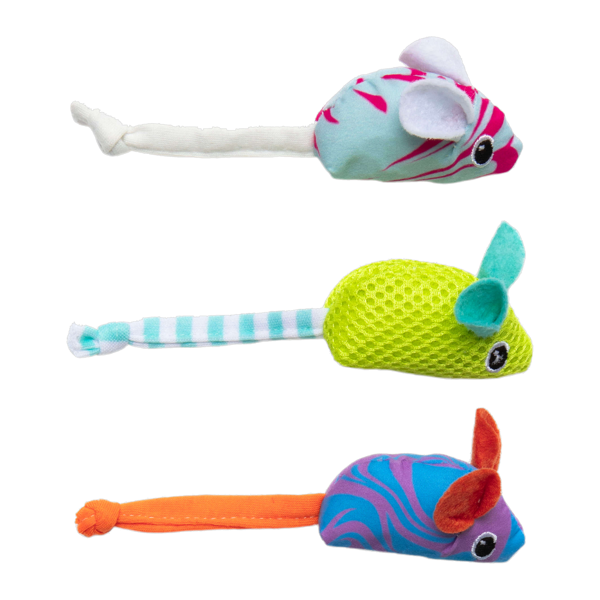 Quirky Kitty Cool Mice pink swirl, lime mesh, and blue-purple swirl plush mice with fabric tails