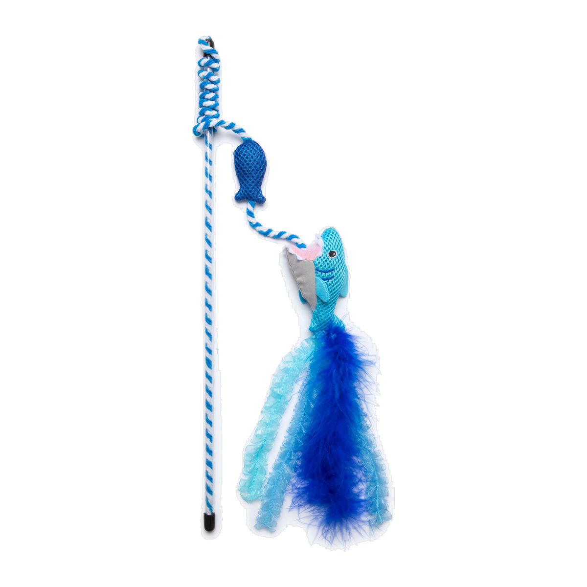 Quirky Kitty Cool Shark Wand interactive cooling cat toy with blue plush shark and feathers