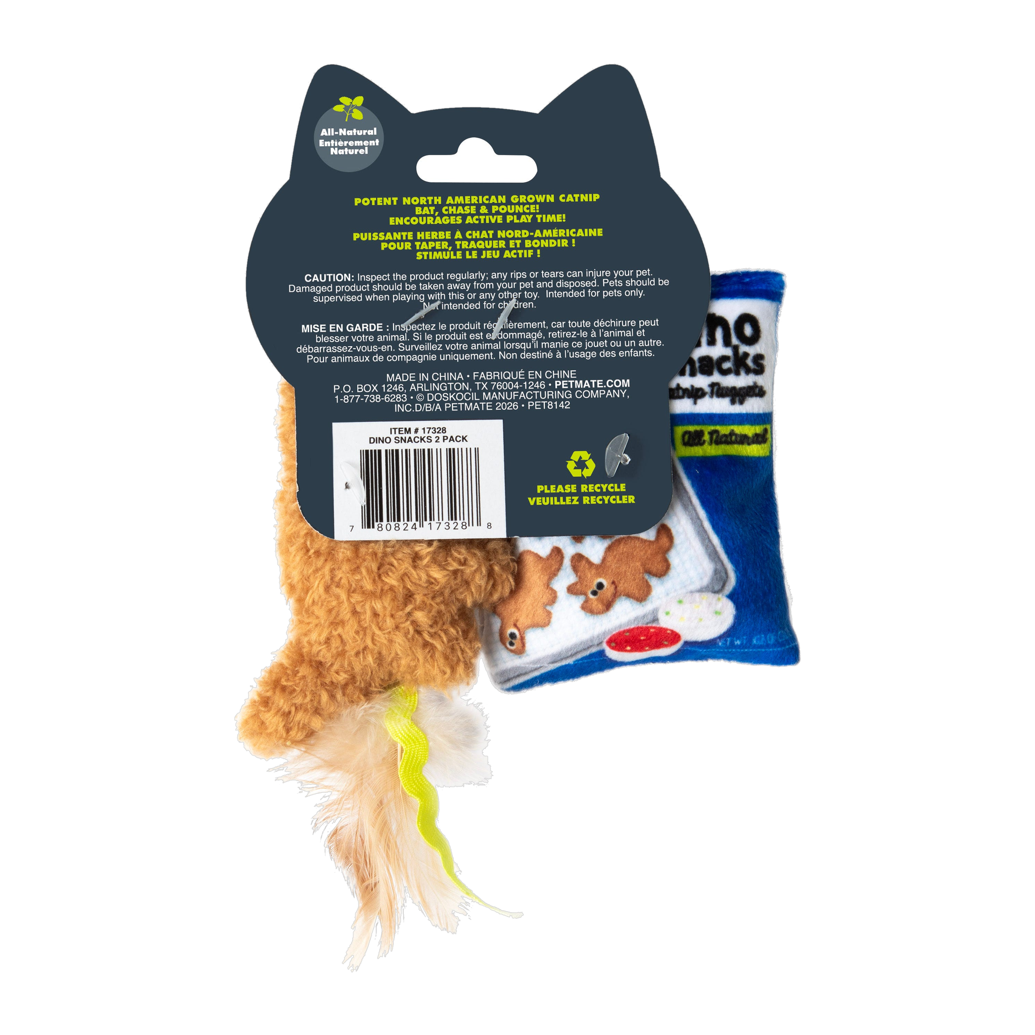 Quirky Kitty Dino Snacks packaging back with product details and catnip information