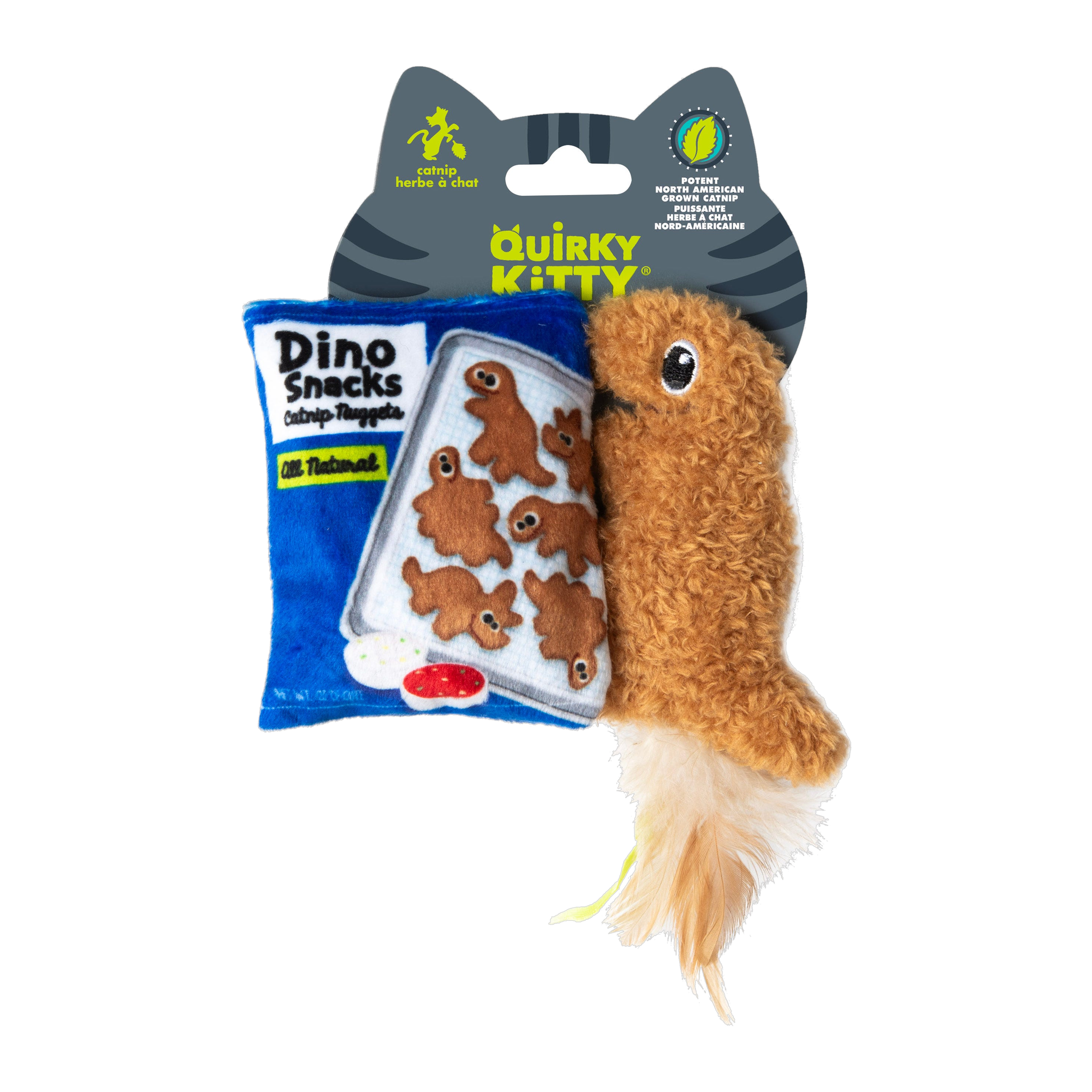 Quirky Kitty Dino Snacks 2 pack catnip cat toys retail packaging front view