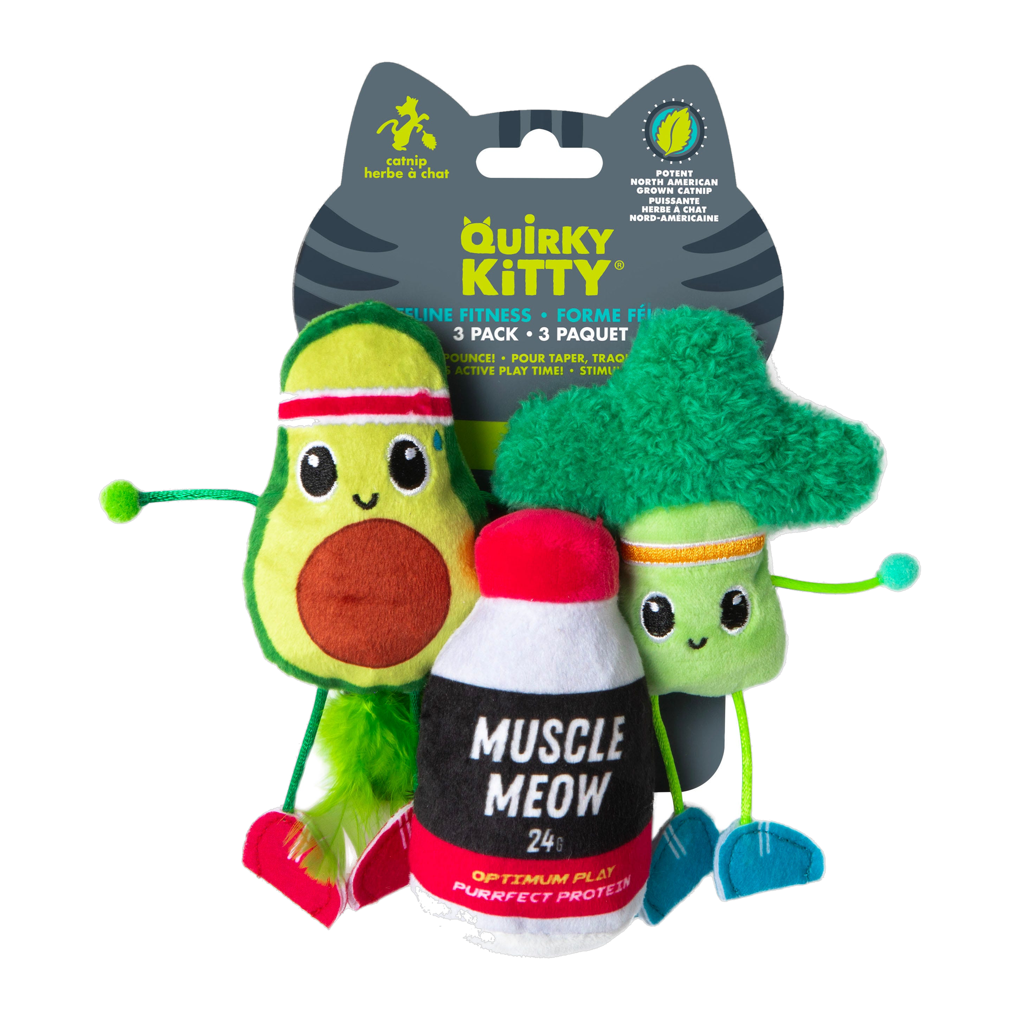 Quirky Kitty Feline Fitness 3 pack catnip cat toys retail packaging front view