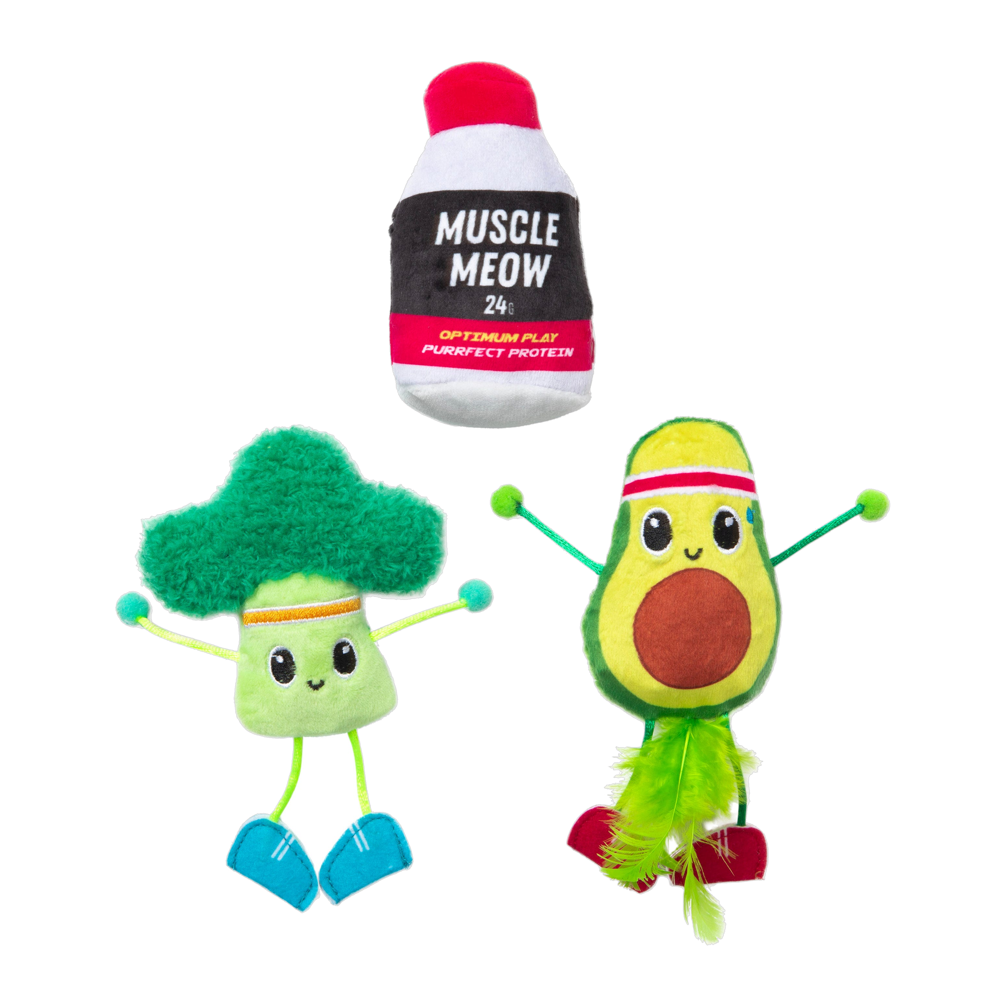 Quirky Kitty Feline Fitness Muscle Meow shaker, broccoli and avocado plush catnip cat toys