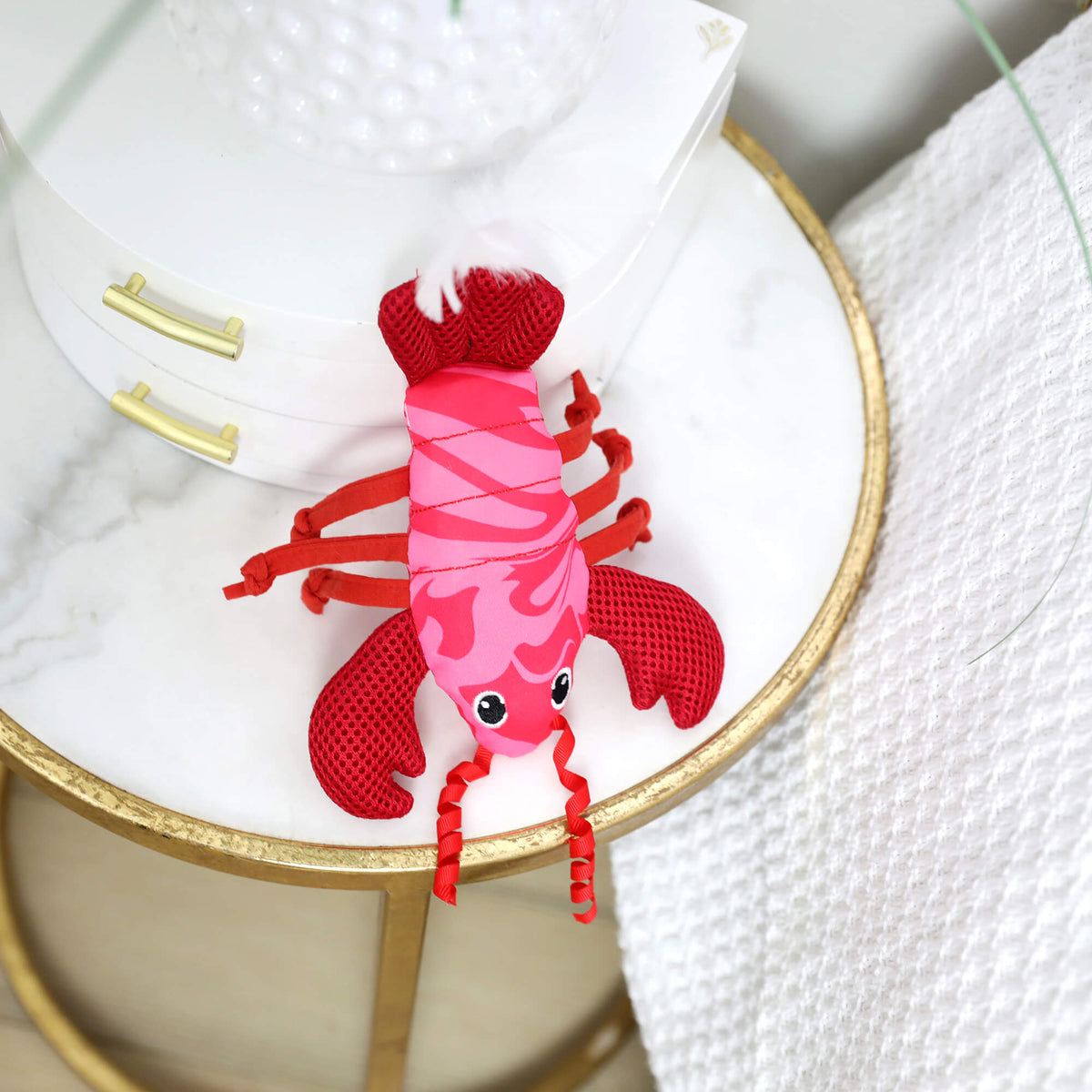Quirky Kitty Fresh Lobster Kicker lying on a marble side table