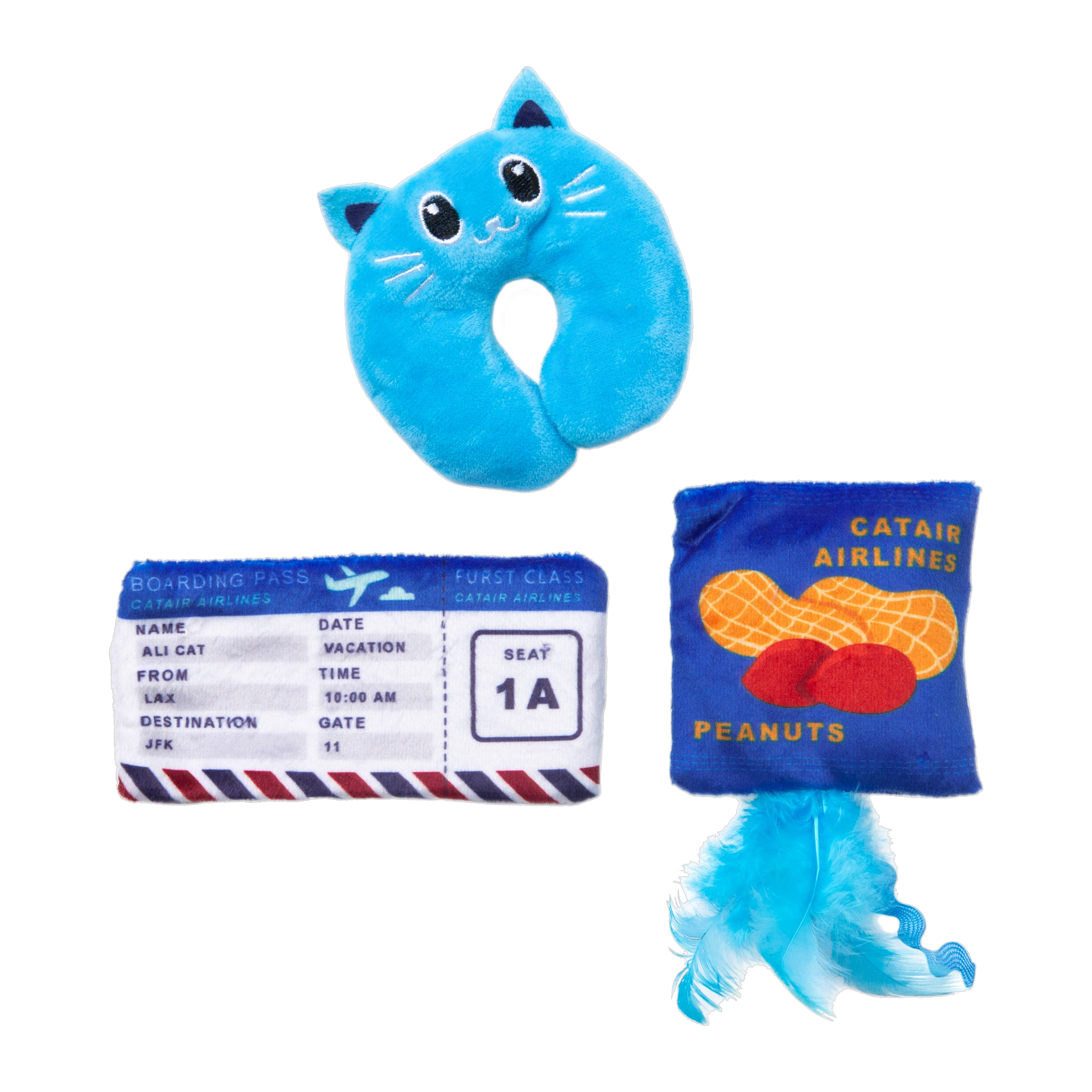 Quirky Kitty Furst Class plush neck pillow, boarding pass, and peanut bag catnip cat toys