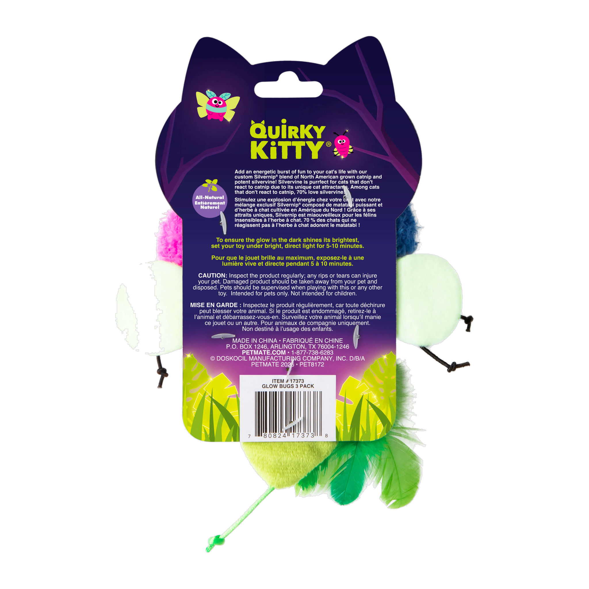 Quirky Kitty Glow Bugs packaging back with product details and glow charging instructions