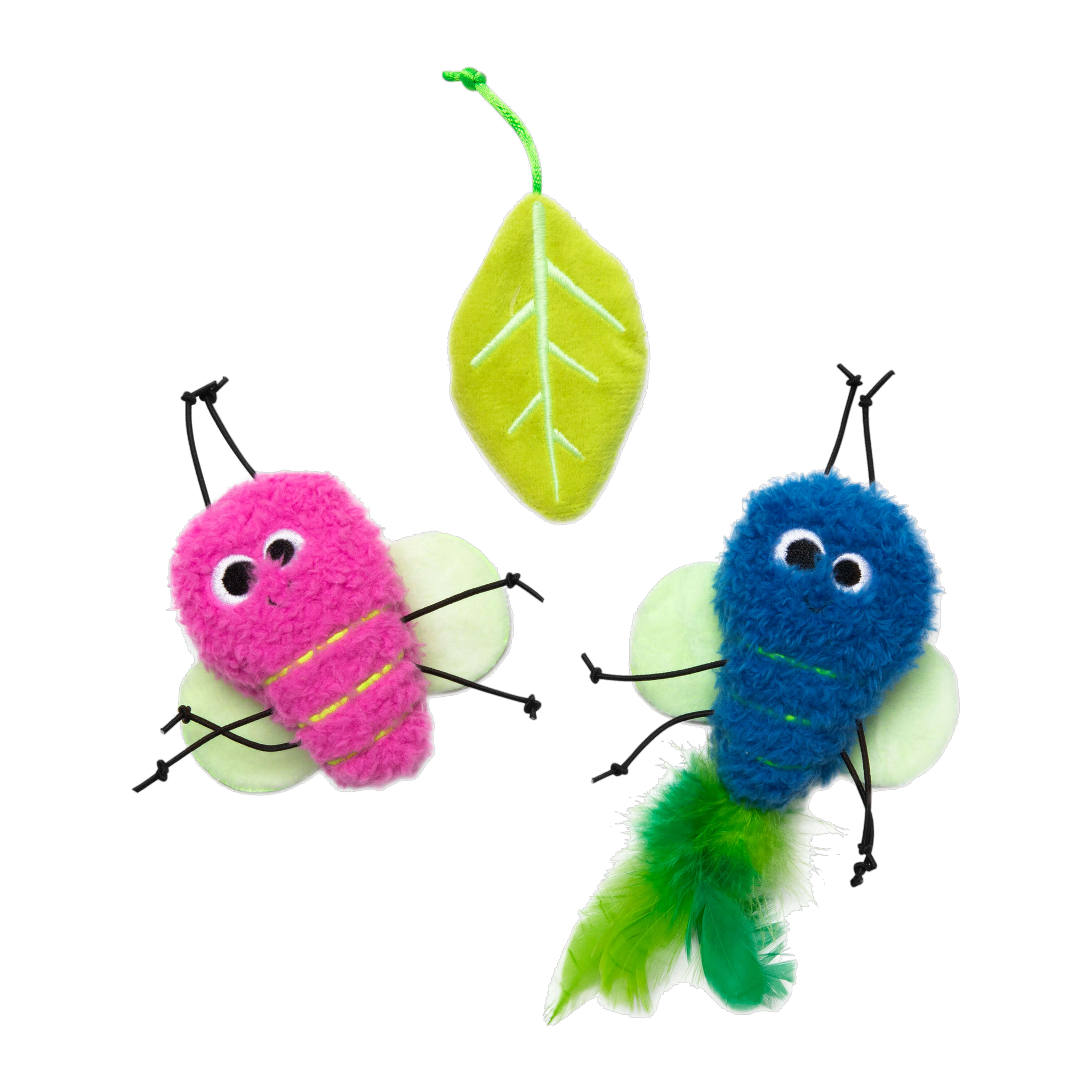 Quirky Kitty Glow Bugs pink bug, blue bug, and green leaf glow cat toys