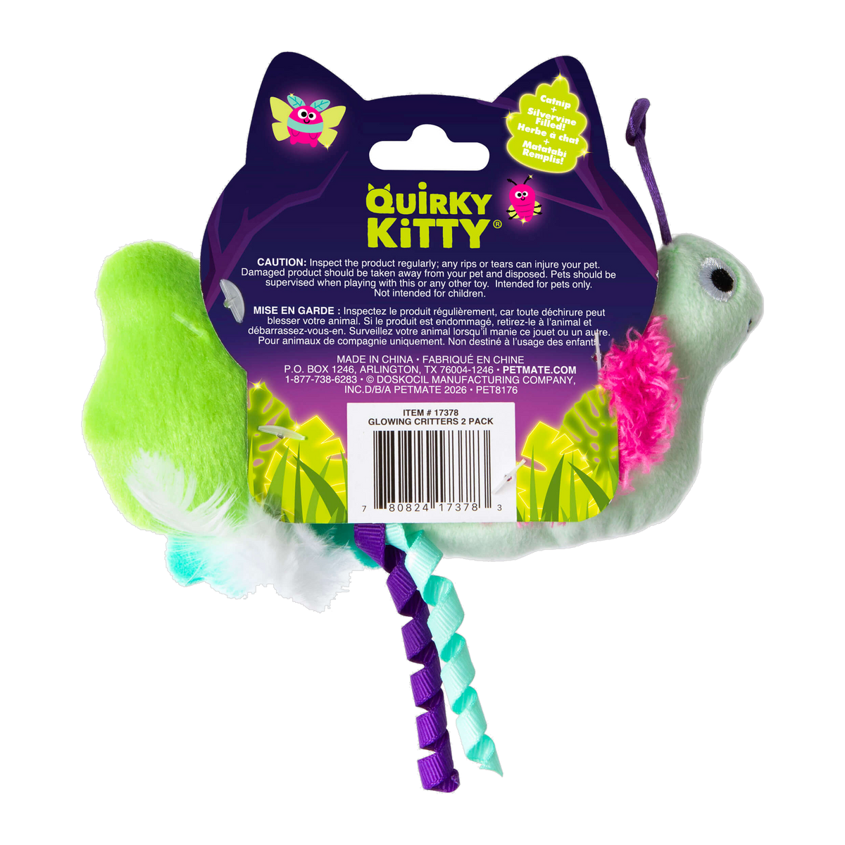 Quirky Kitty Glow Critters packaging back with product details and catnip and silvervine callout