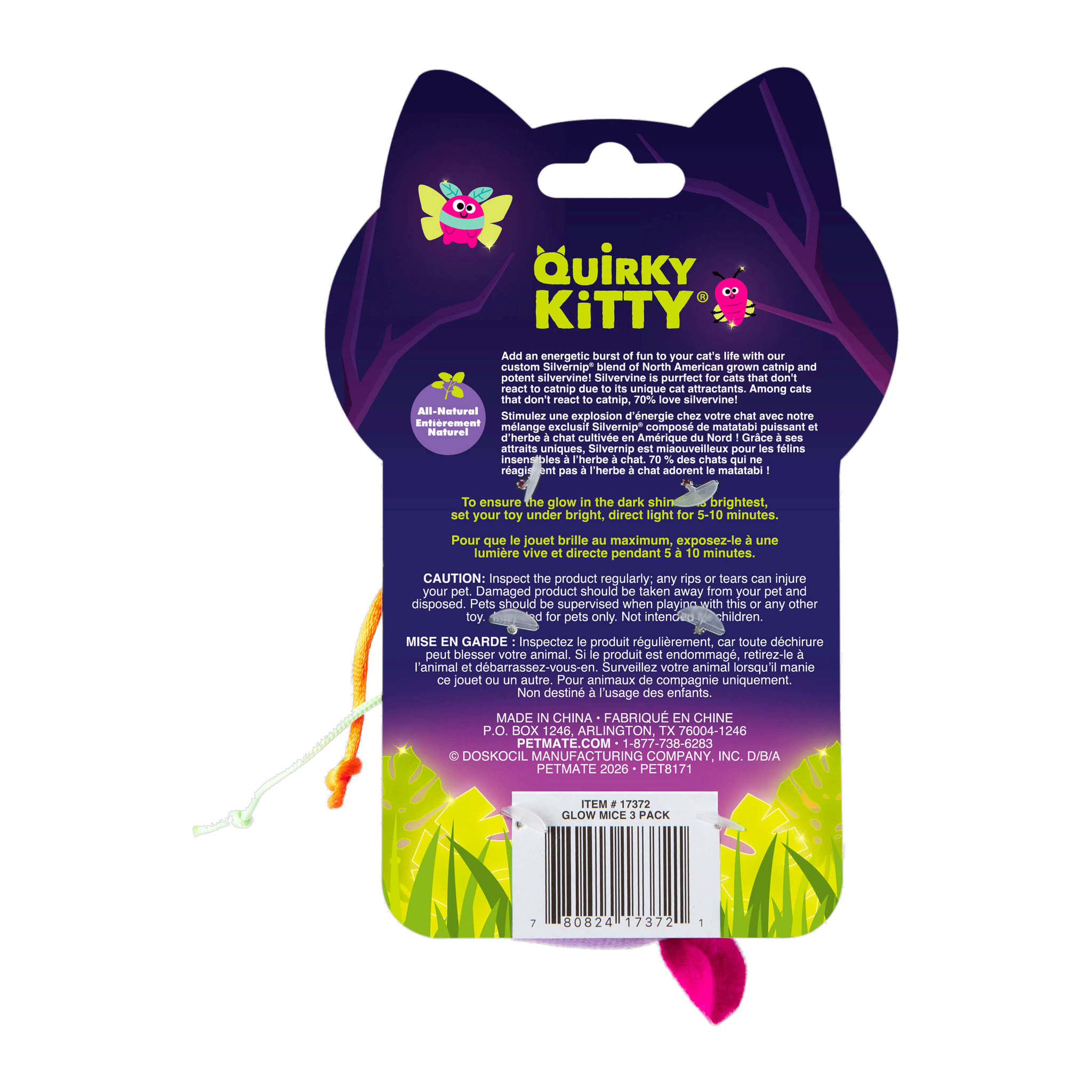 Quirky Kitty Glow Mice packaging back with product details and glow charging instructions