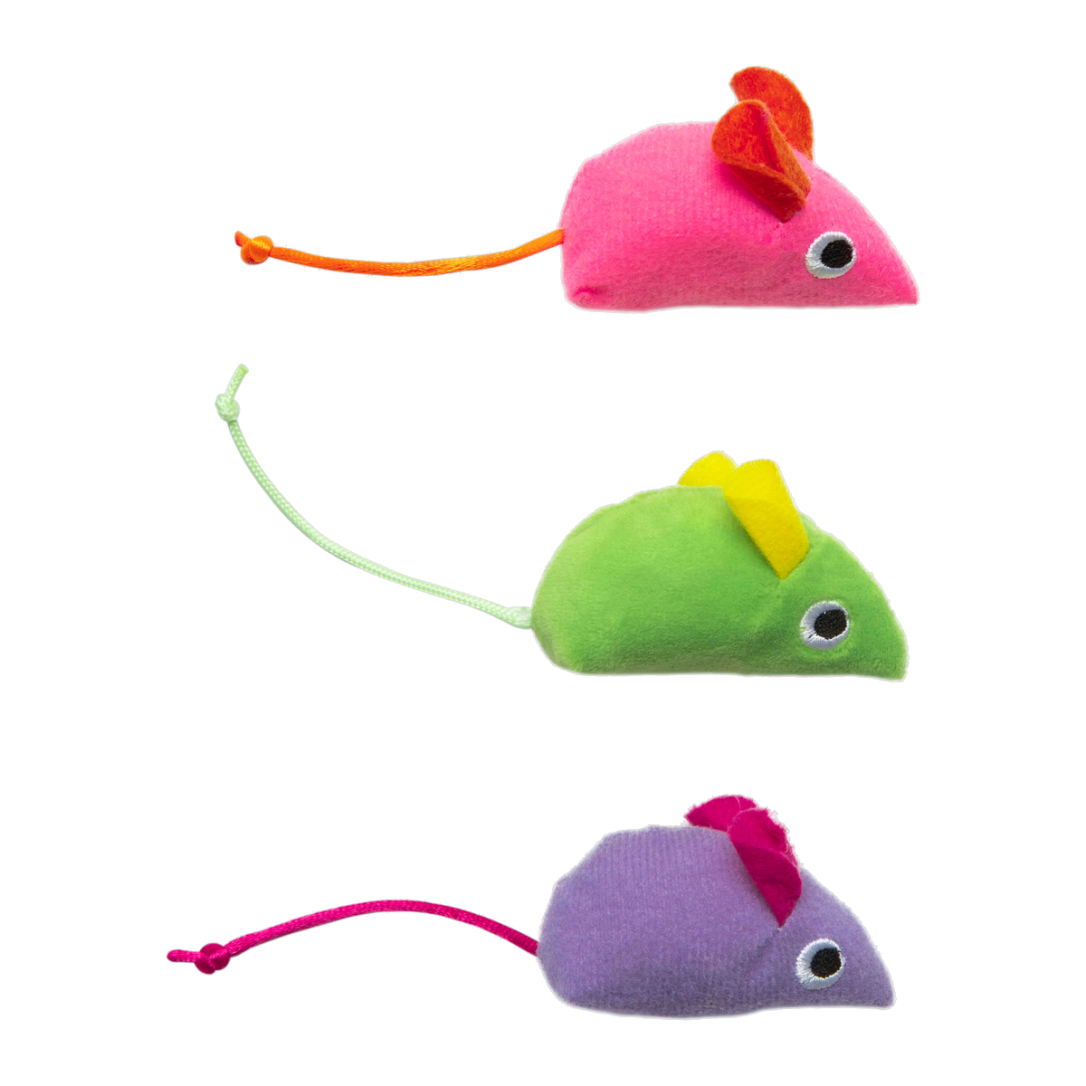 Quirky Kitty Glow Mice pink green and purple plush mice with felt ears and cord tails