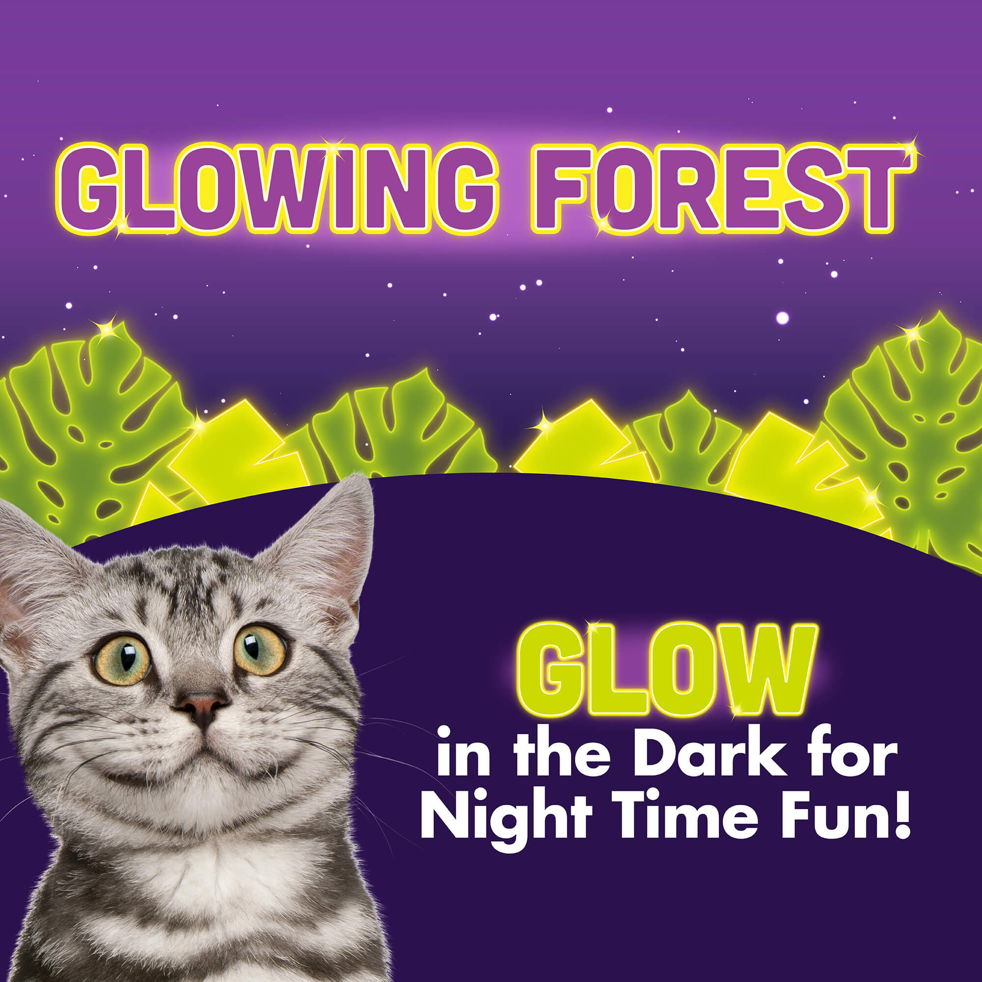 Quirky Kitty Glowing Forest collection panel with tabby cat and glow in the dark text