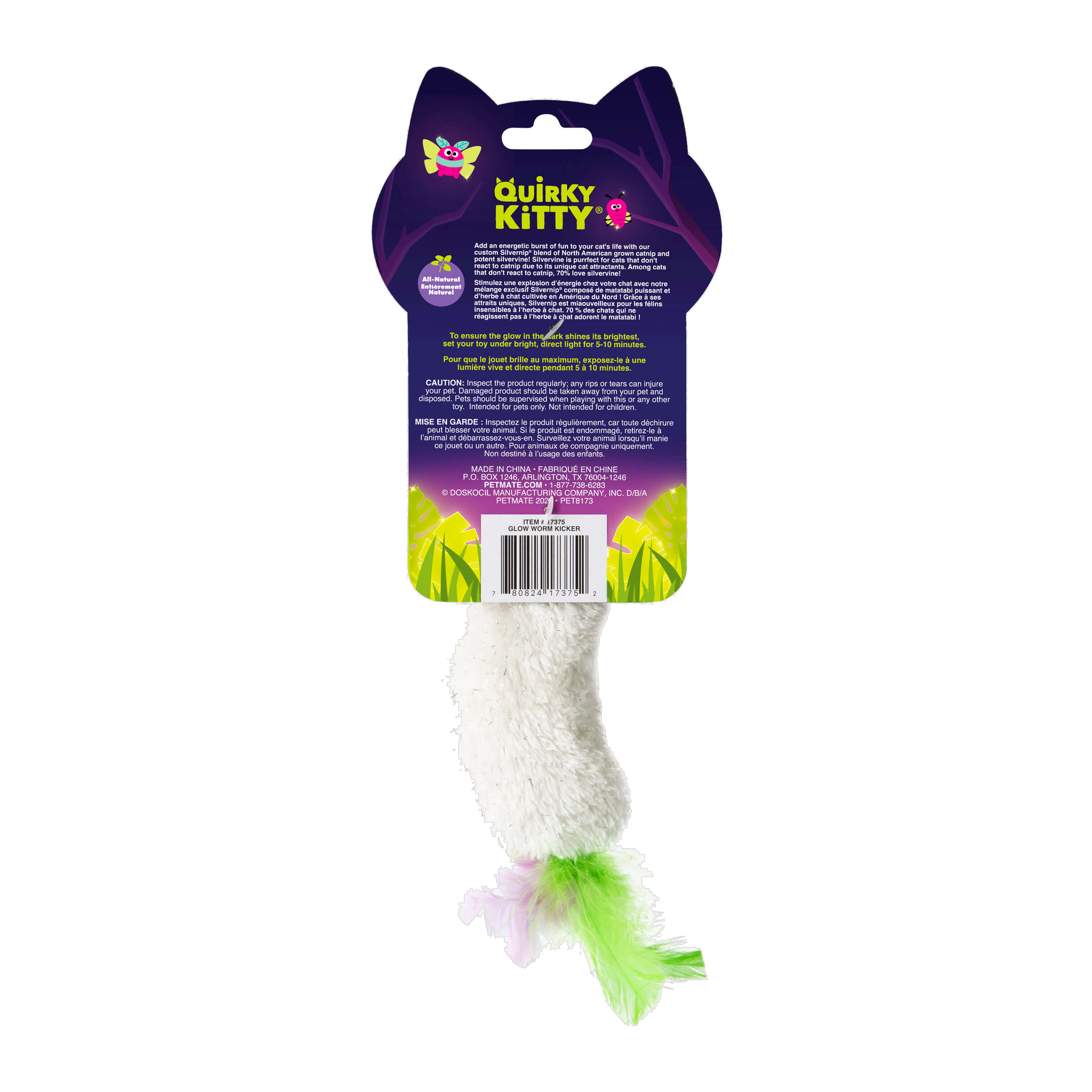 Quirky Kitty Glow Worm Kicker packaging back with product details and glow charging instructions