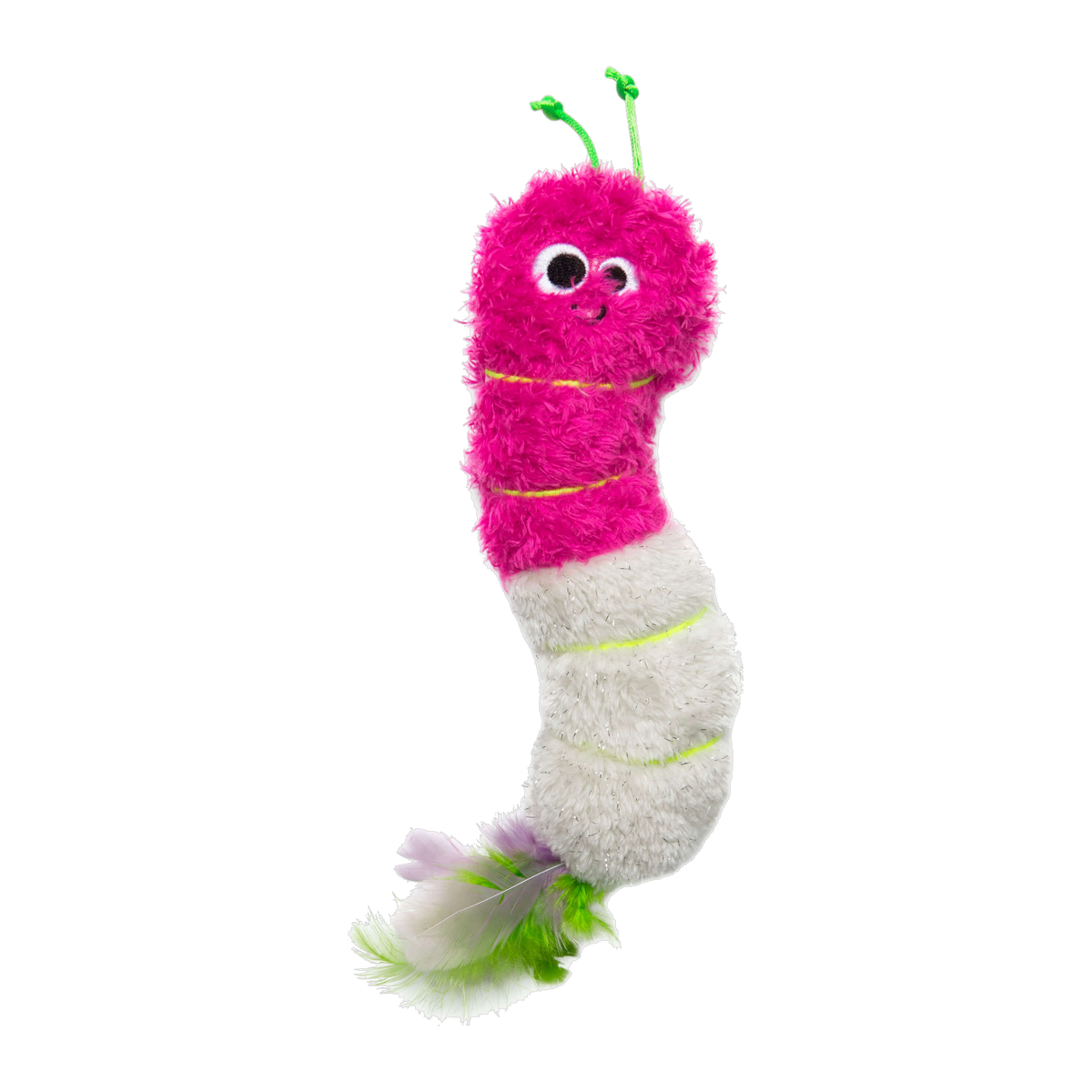 Quirky Kitty Glow Worm Kicker pink and white plush caterpillar with green feather tail