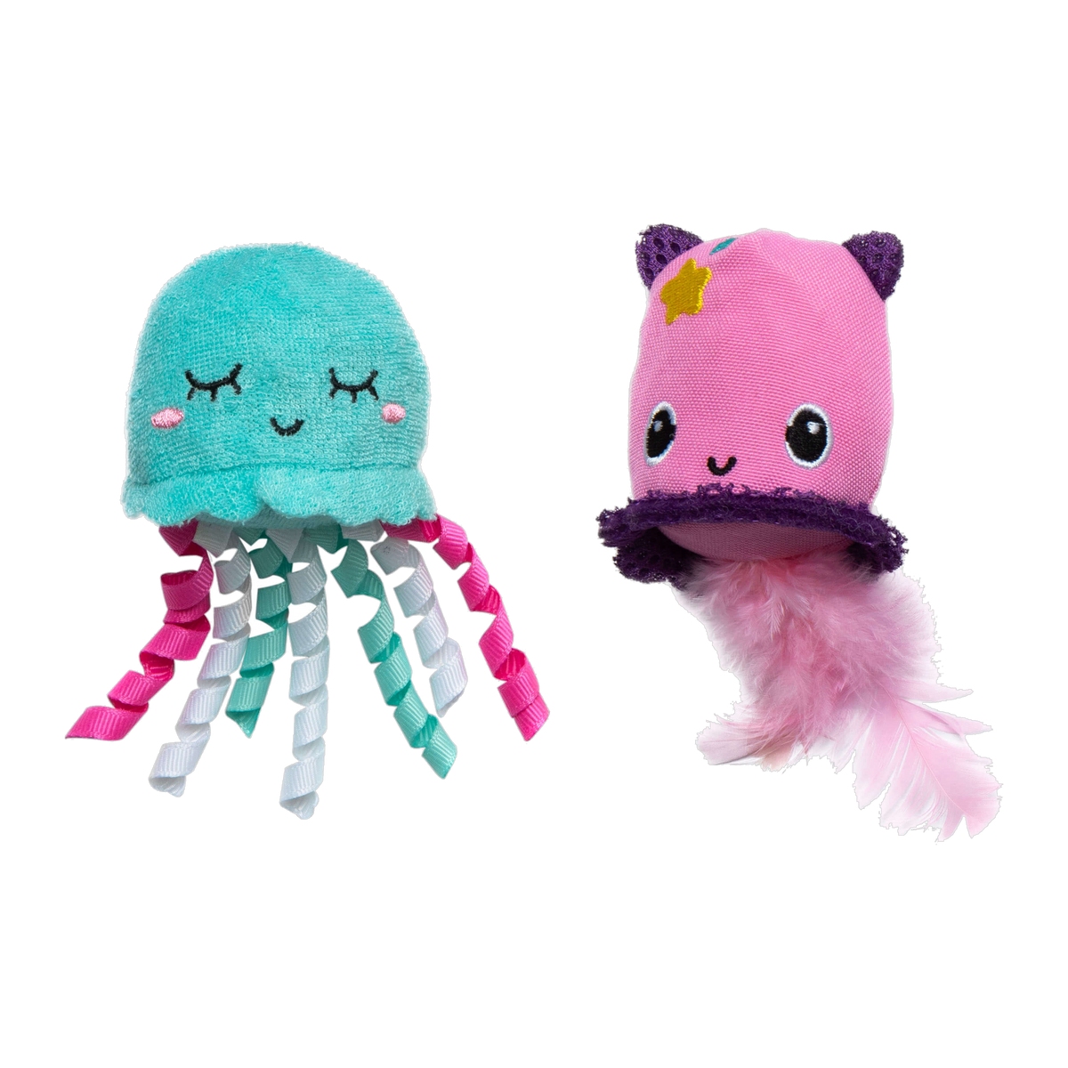 Quirky Kitty Jellyfish & Chill teal jellyfish with curly ribbons and pink jellyfish with feather tail