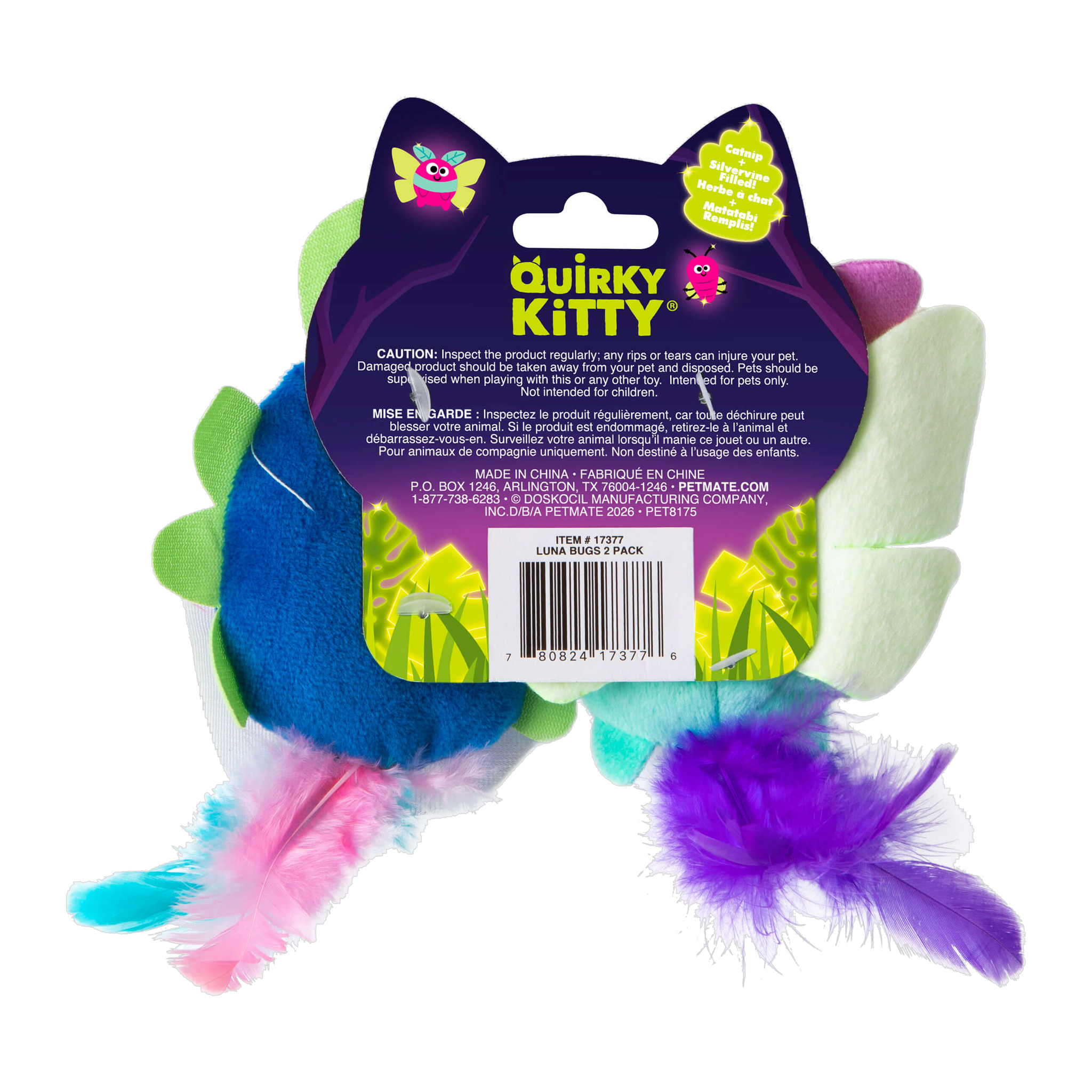 Quirky Kitty Luna Bugs packaging back with product details and catnip silvervine callout
