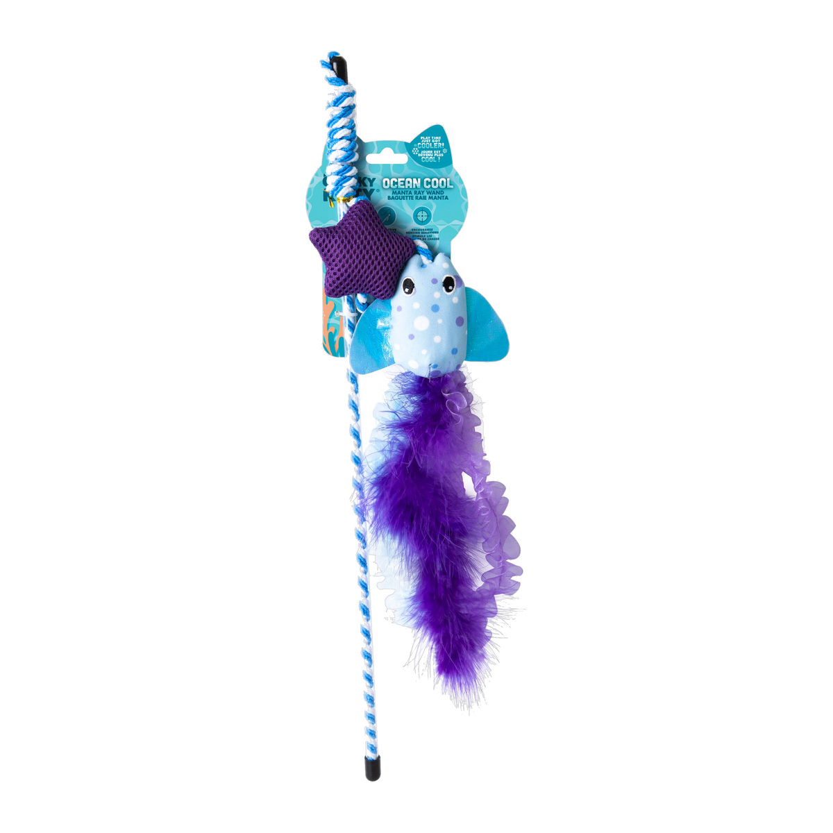 Close up of the Quirky Kitty Manta Ray Wand plush manta ray, purple star and ribbon tails