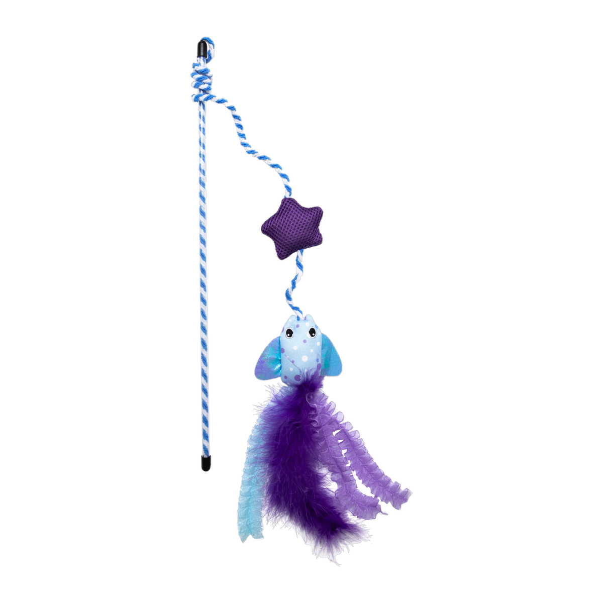 Quirky Kitty Manta Ray Wand cat teaser with blue striped wand, purple star and blue manta ray with feather tails