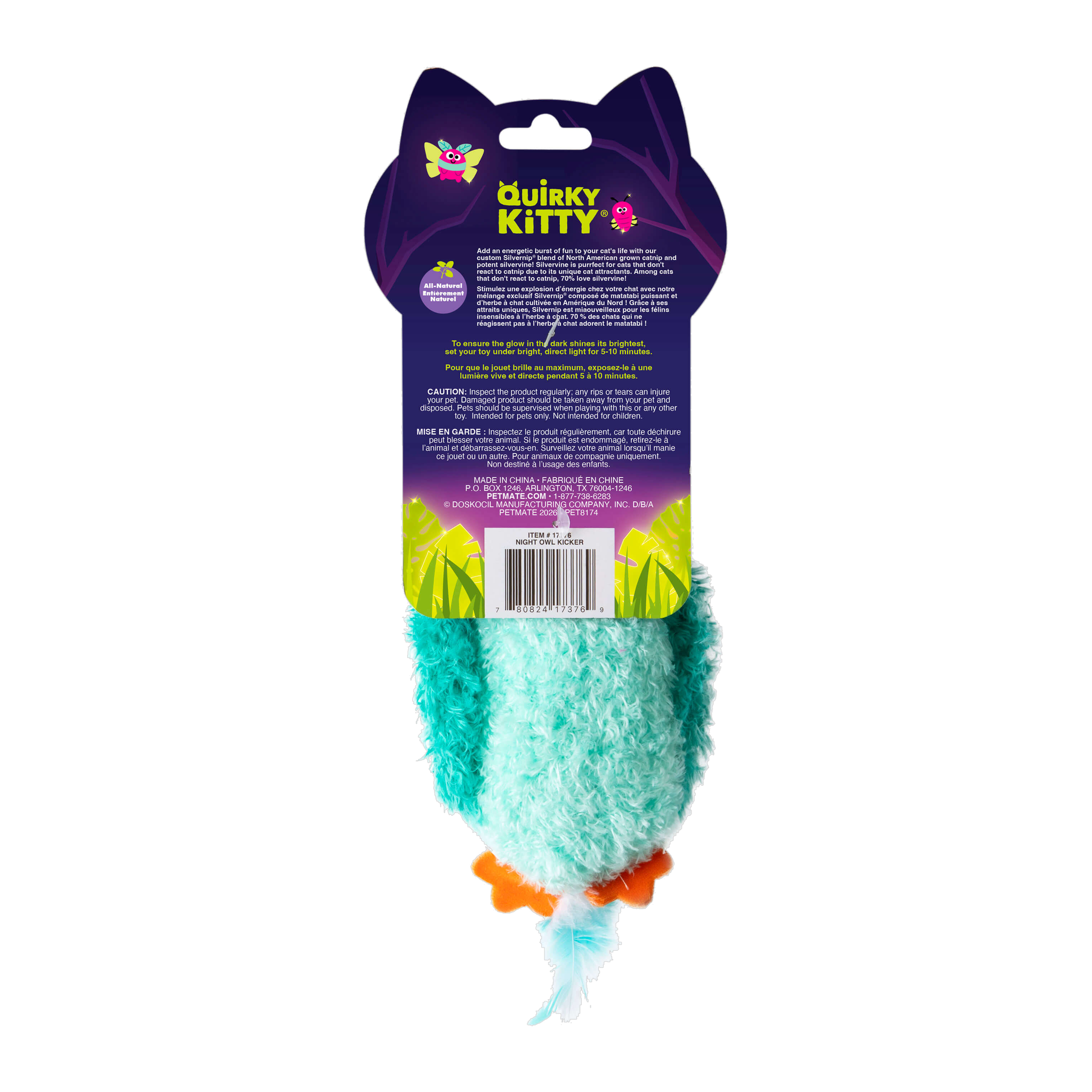 Quirky Kitty Night Owl Kicker packaging back with product details and glow charging instructions
