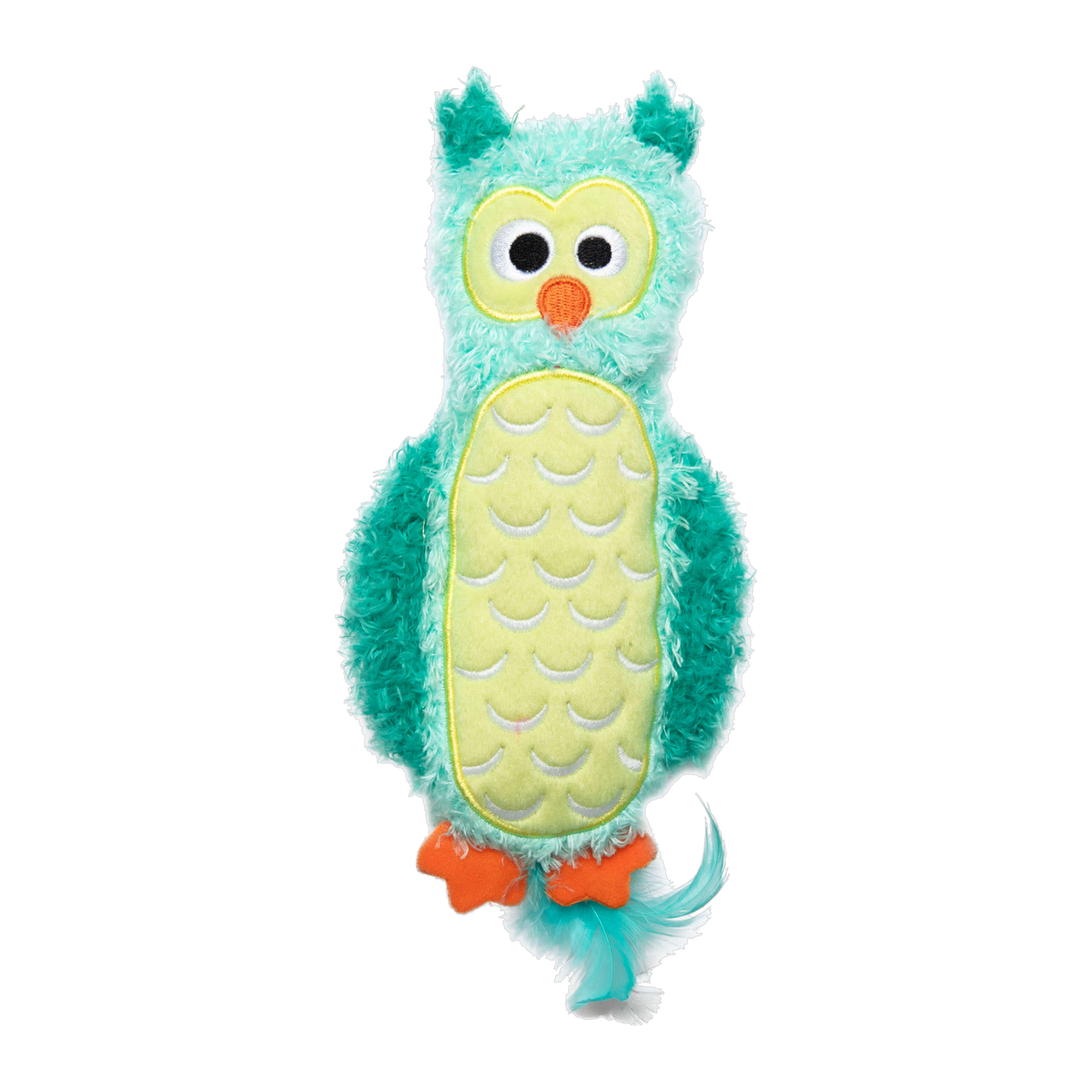 Quirky Kitty Night Owl Kicker shaggy teal plush owl glow cat toy with feather tail