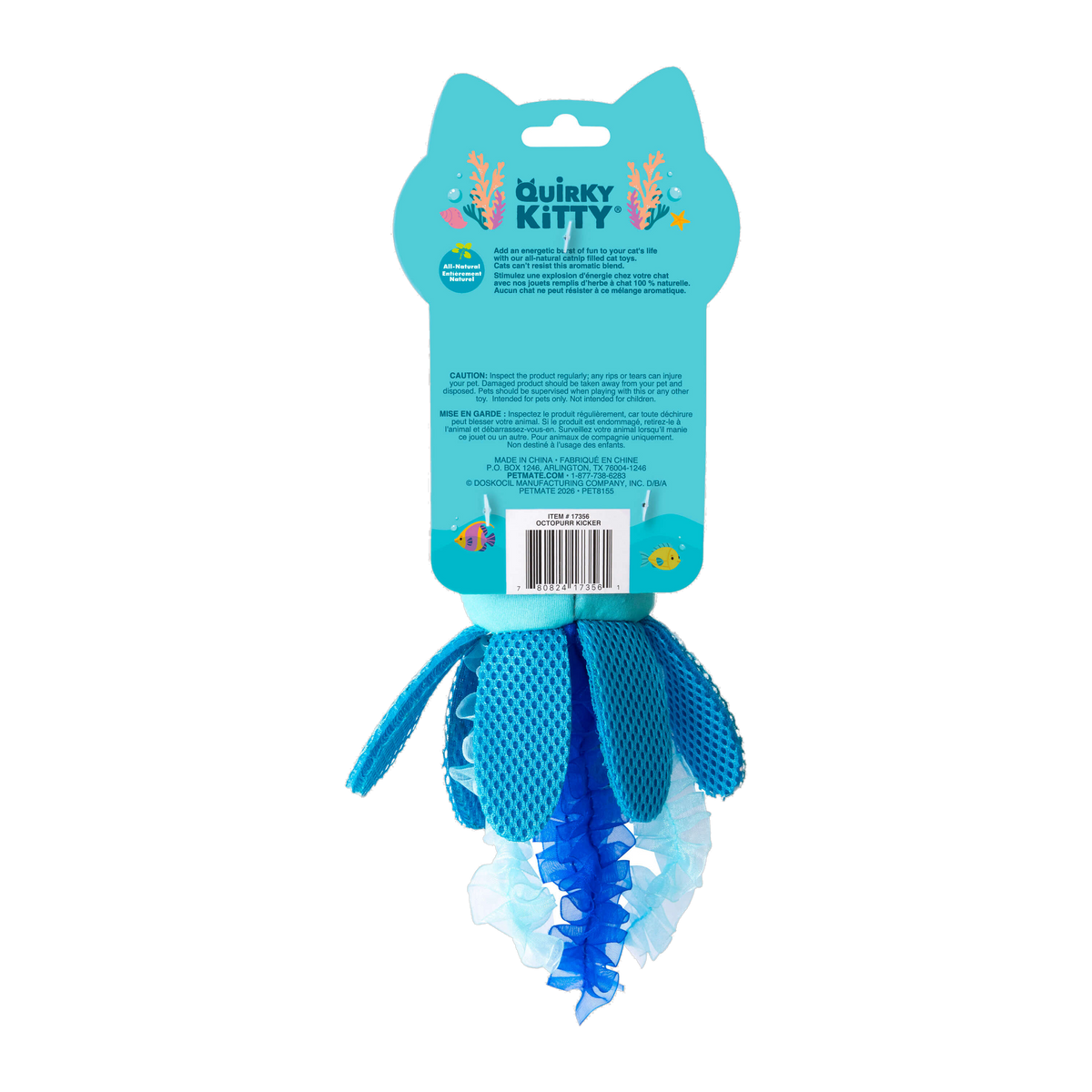 Quirky Kitty Octopurr Kicker packaging back with product details and safety information