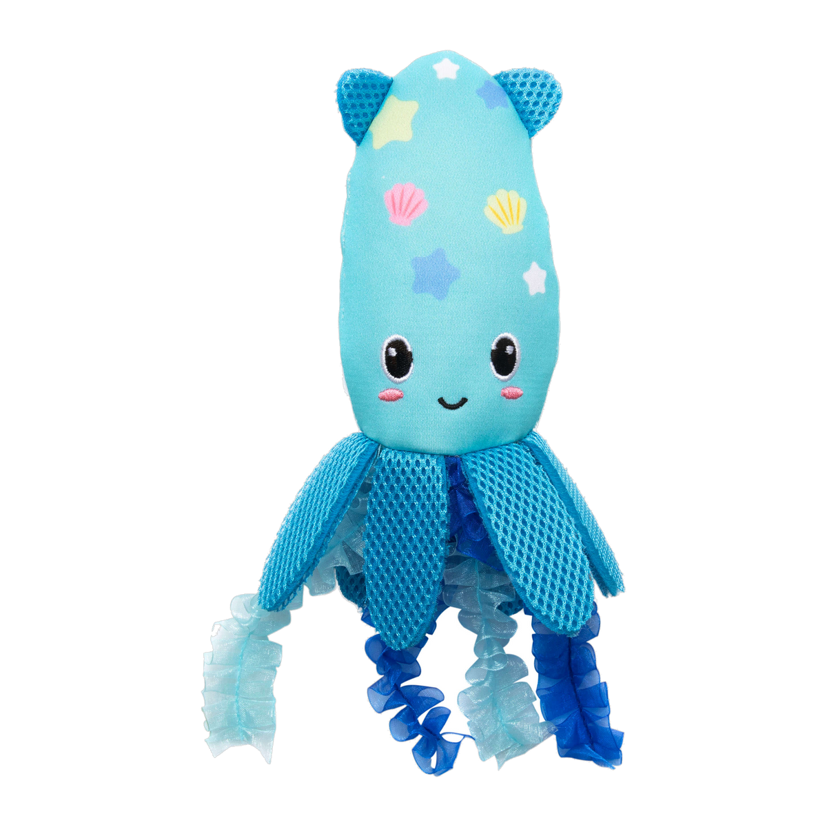 Quirky Kitty Octopurr Kicker light blue octopus kicker toy with mesh arms and sheer ribbon tentacles