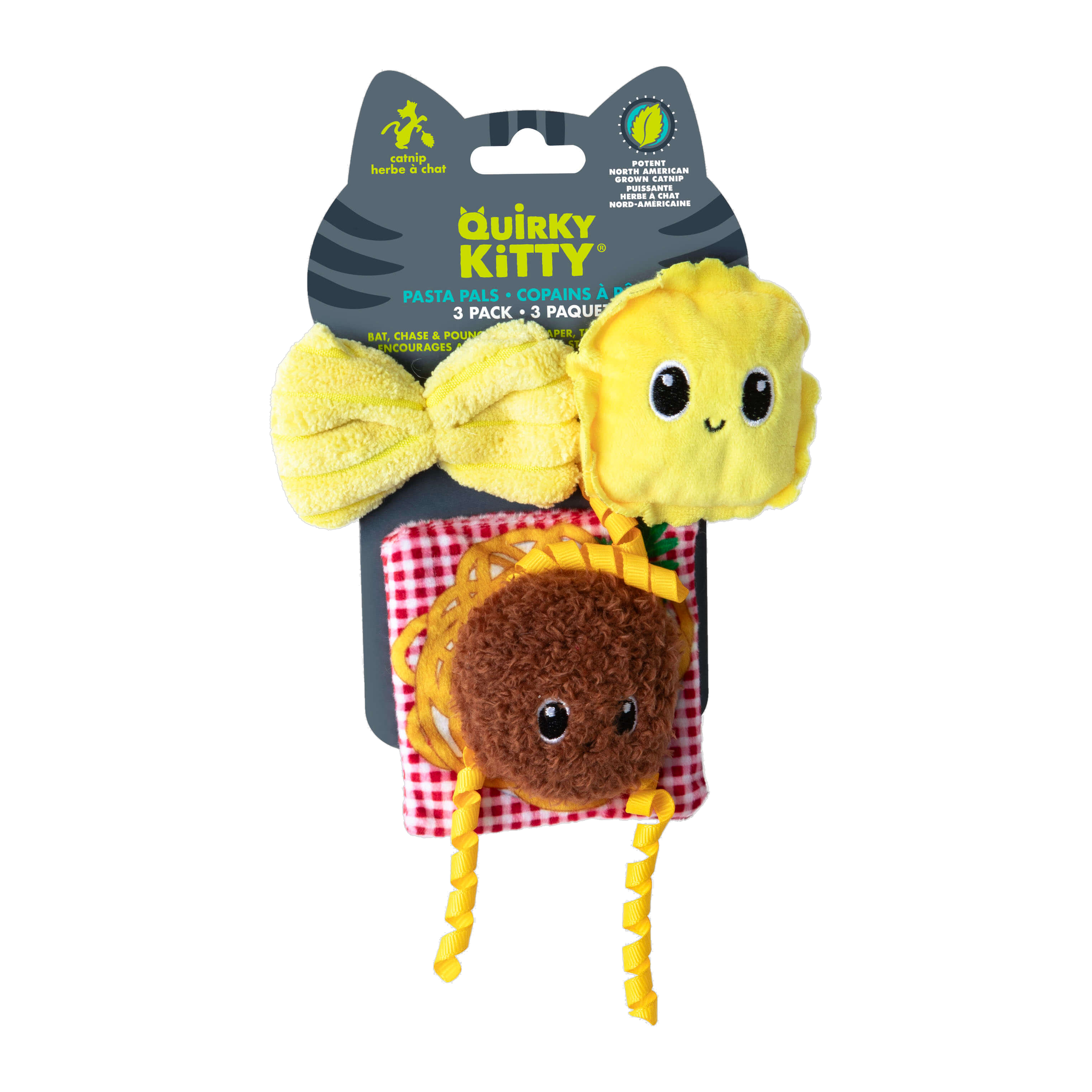 Quirky Kitty Pasta Pals 3 Pack catnip cat toys retail packaging front view