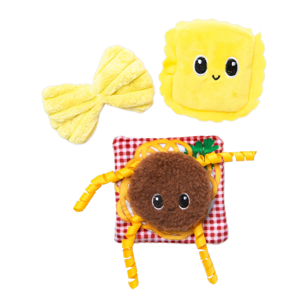 Quirky Kitty Pasta Pals plush bowtie pasta, smiling ravioli, and meatball on red gingham